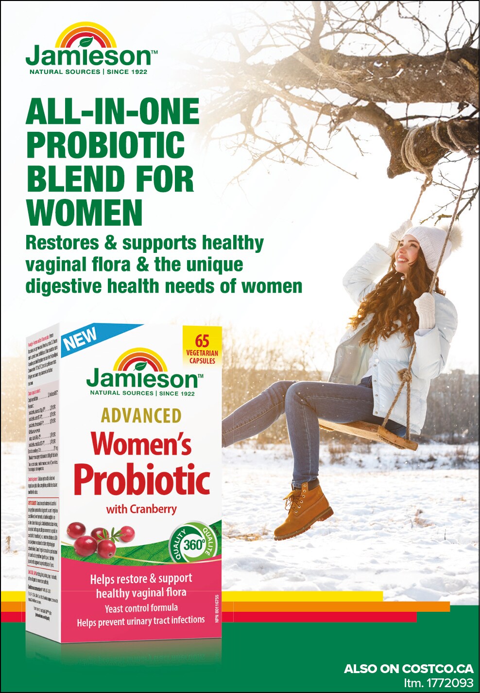 Ad for Jamieson Women's Probiotic, showing a woman smiling on a swing in a wintry setting, with product package displayed