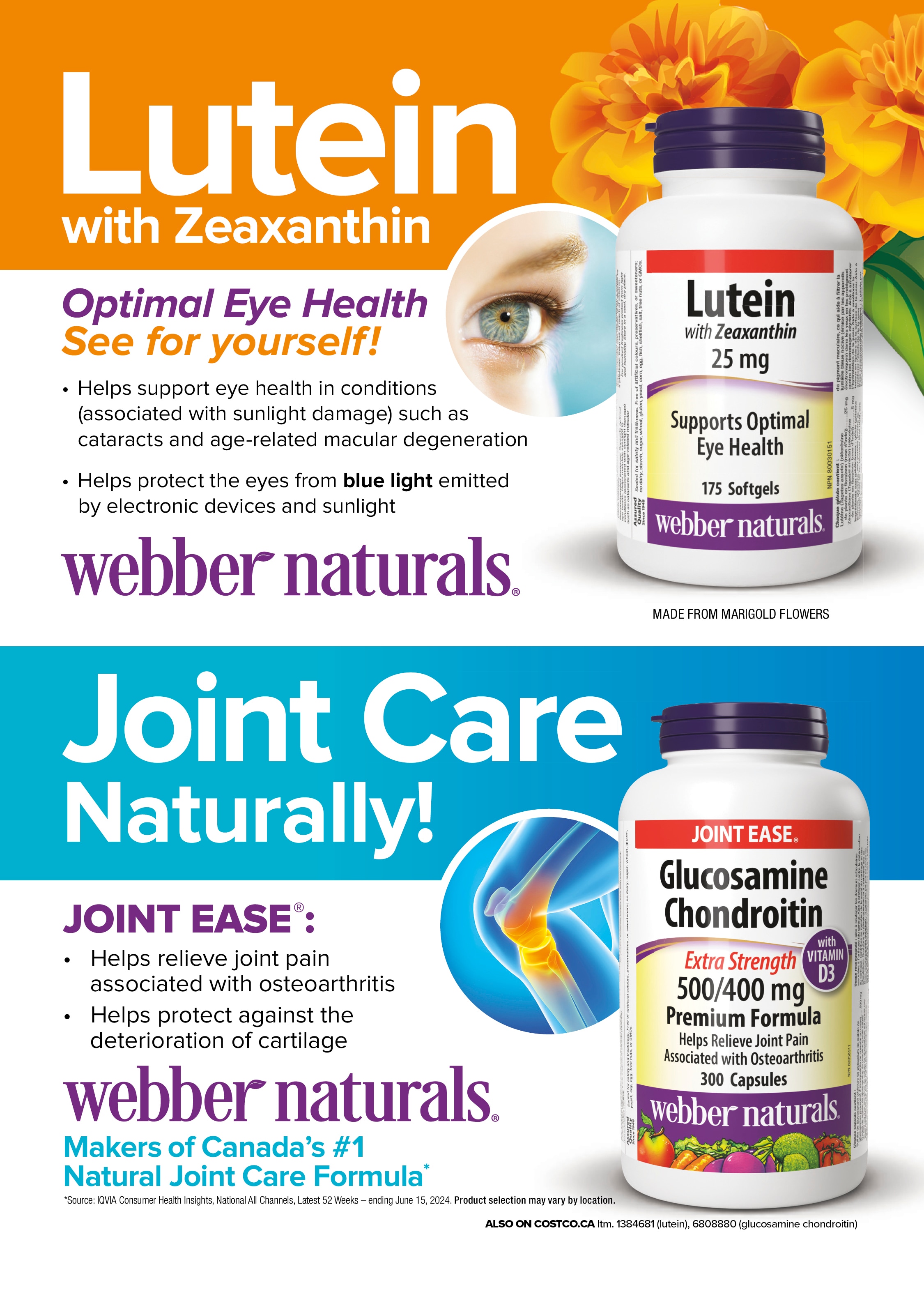 Ad for Webber Naturals supplements featuring Lutein for eye health and Glucosamine for joint care