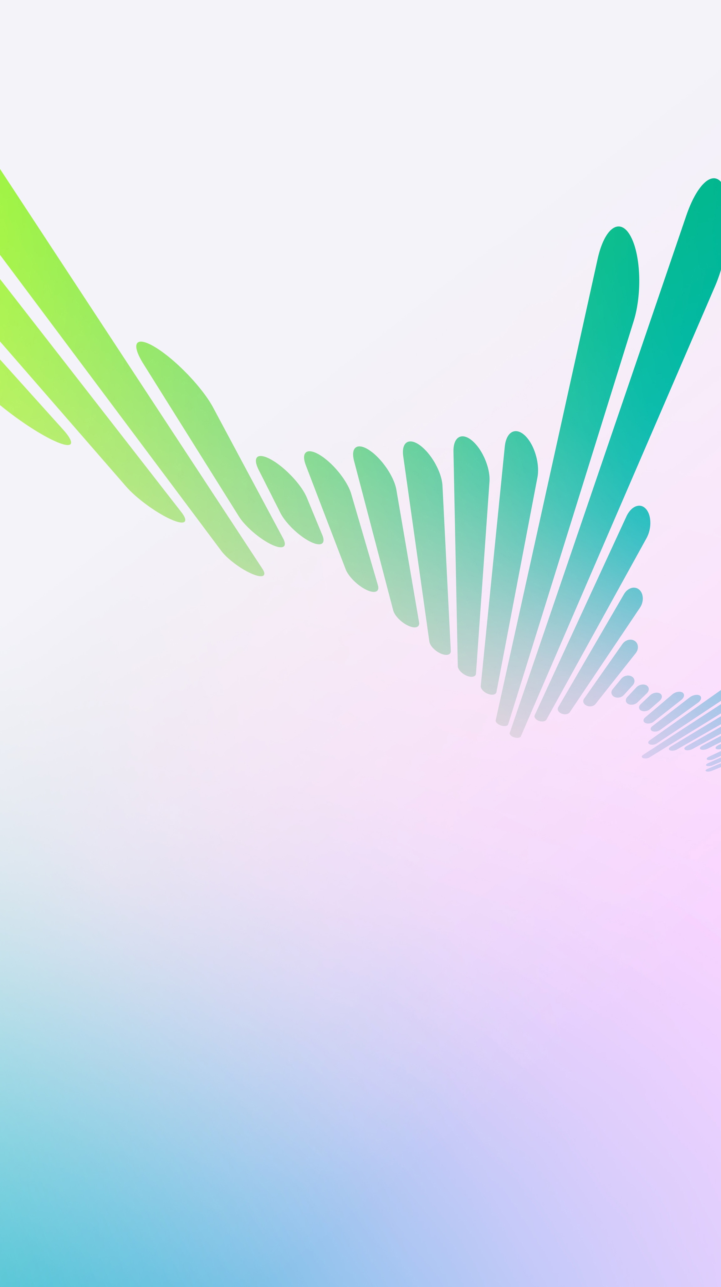 Abstract image of swirling ribbons in gradient shades of green, teal, and purple on a soft pastel background