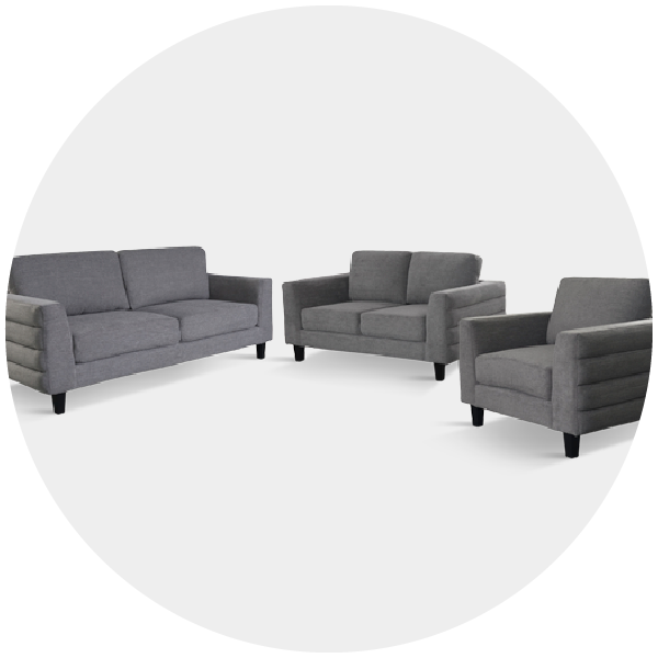 A gray sofa set with a couch, loveseat, and armchair on a white background