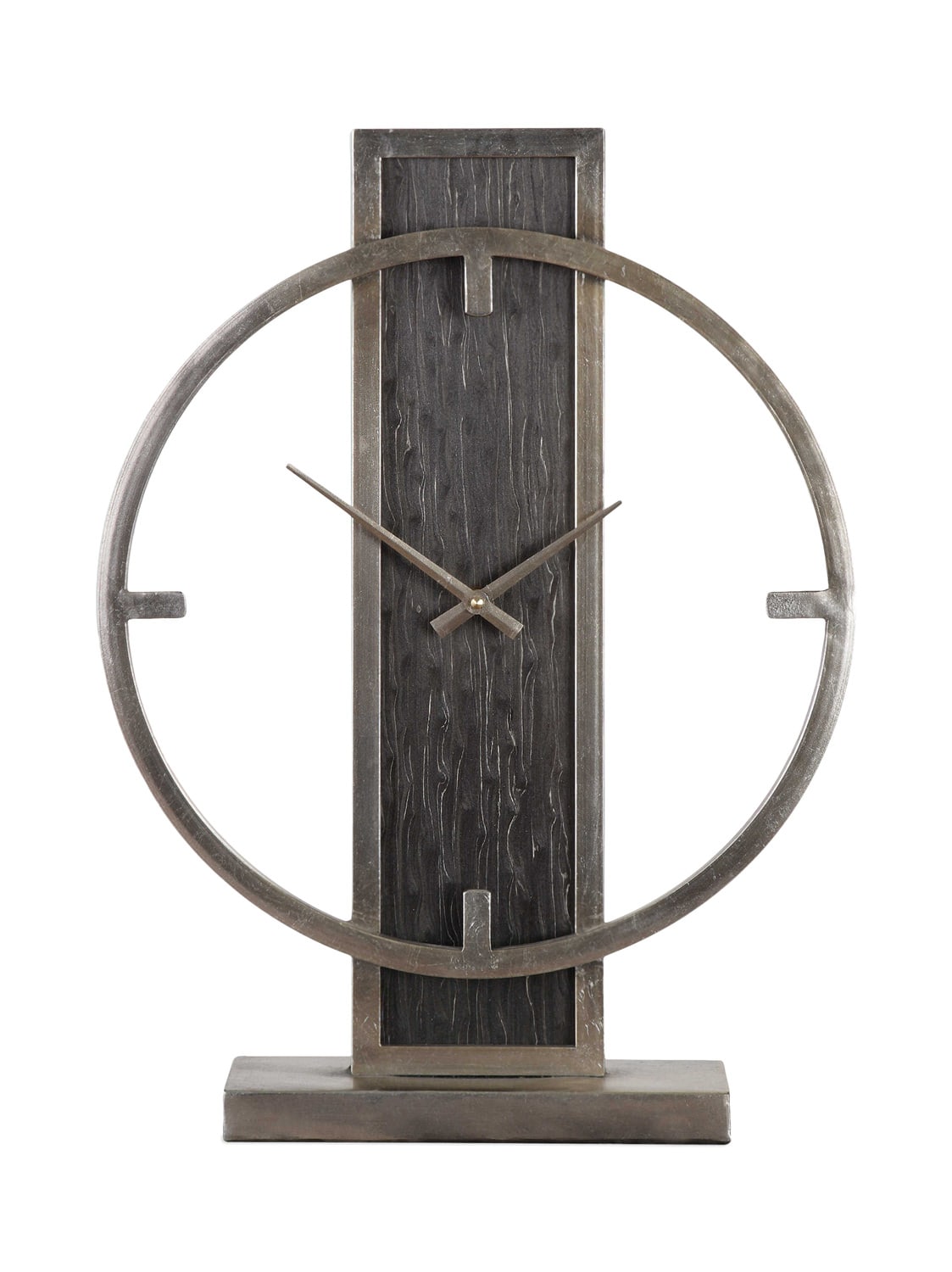 Wooden wall clock with a large circular metallic frame and a vertical plank design