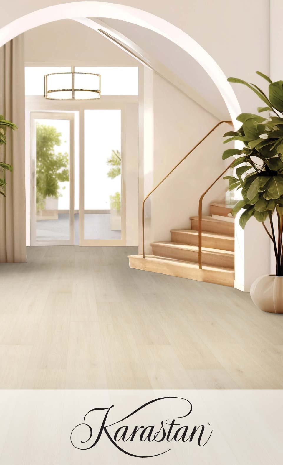 Bright, spacious foyer with stairs, potted plant, and open double doors leading outside; logo "Karastan" at bottom