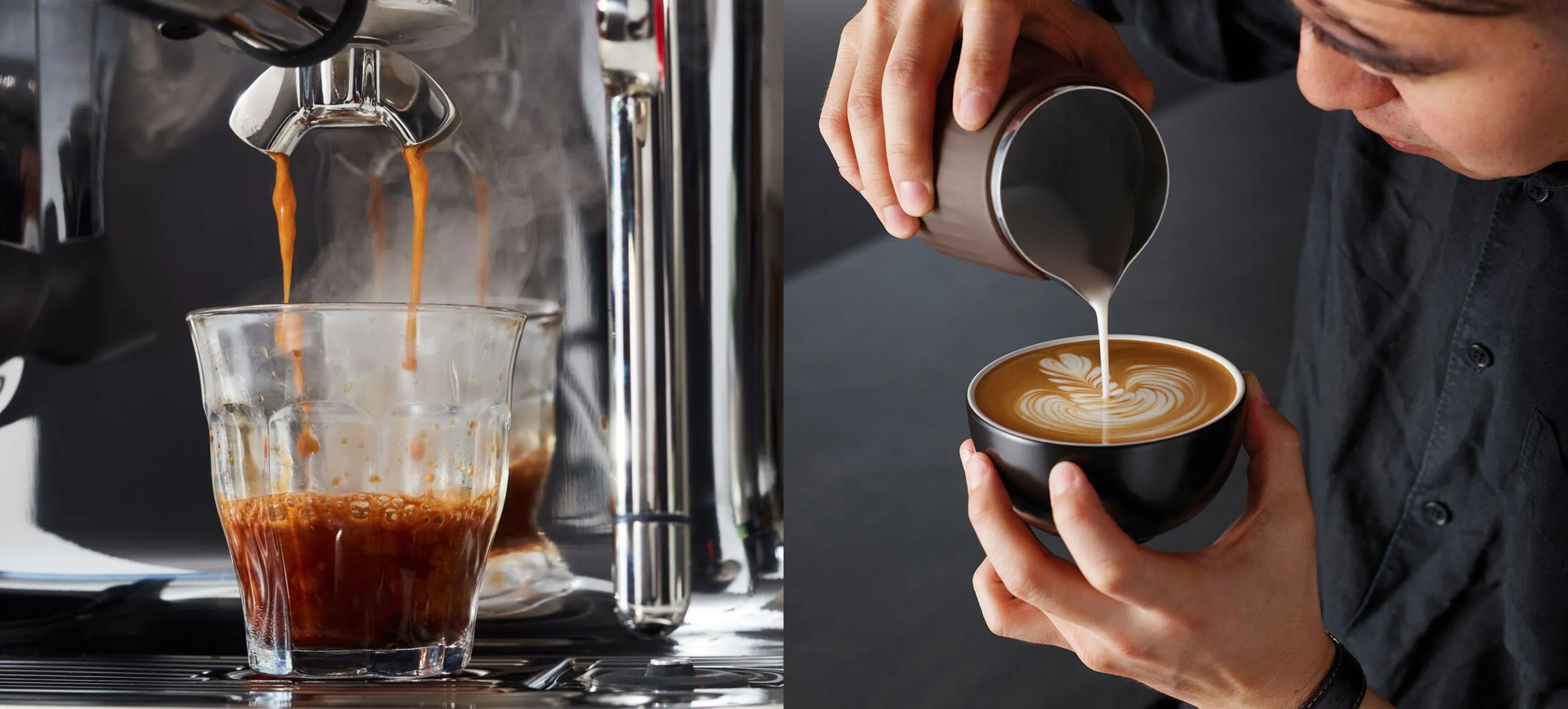 Espresso machine brewing coffee and a person pouring milk into a cup for latte art