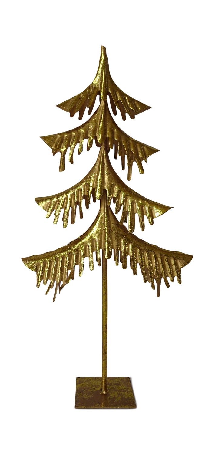 A decorative golden metal Christmas tree sculpture on a stand