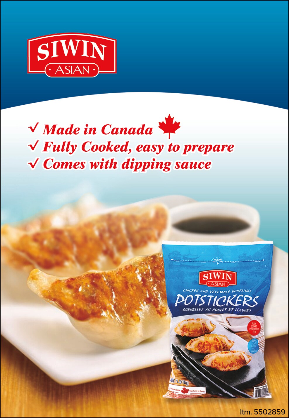 Ad for Siwin potstickers, made in Canada, easy prep, with sauce, showing a cooked sample and package