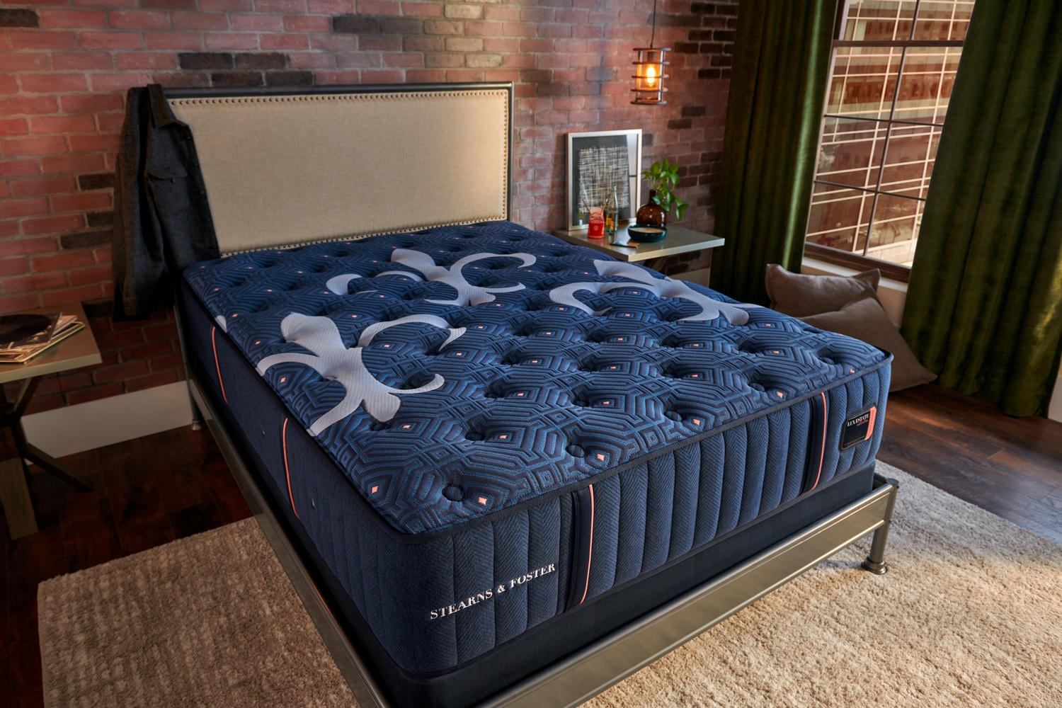 Luxury blue mattress in a stylish bedroom with rustic decor