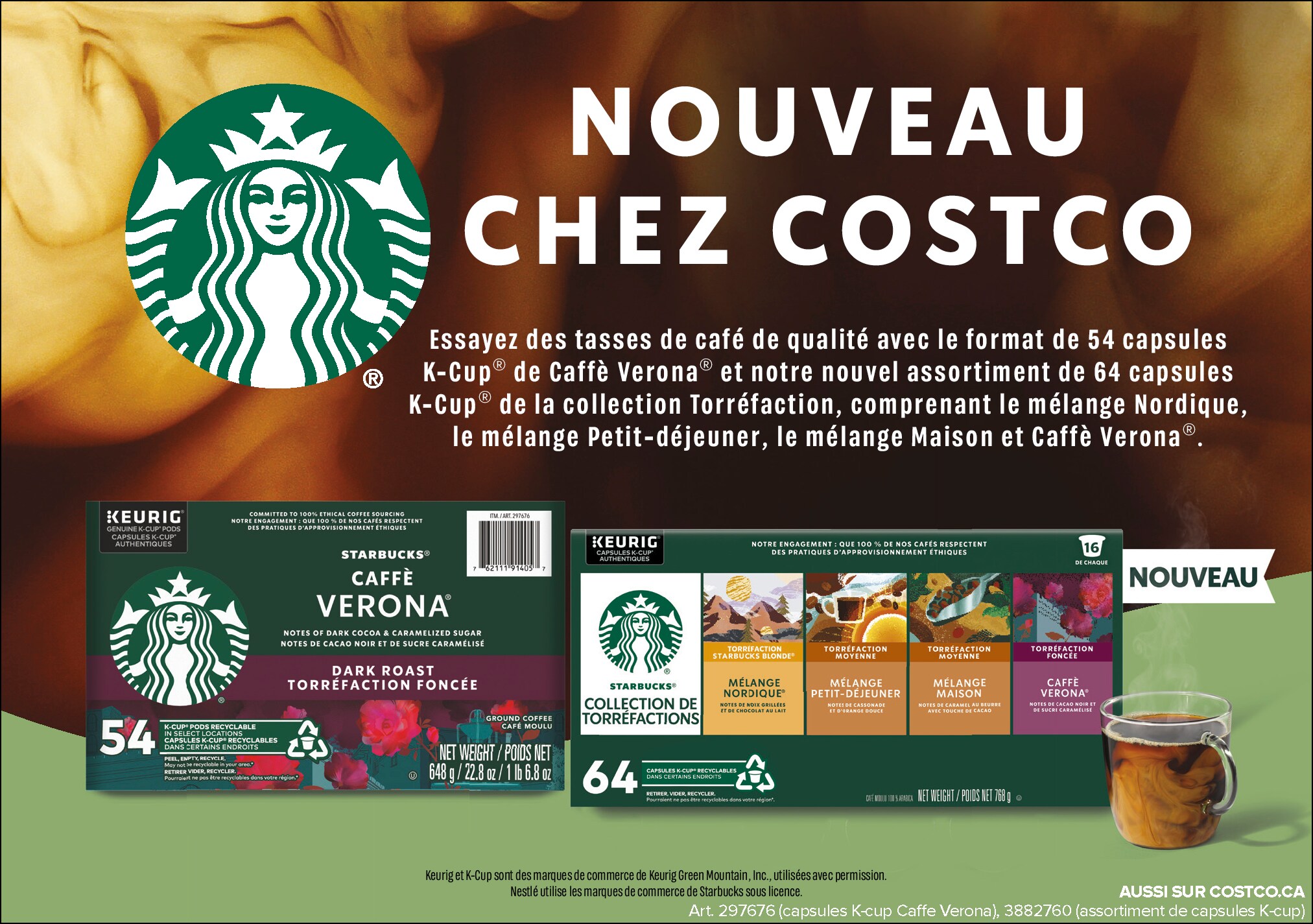 Publicité pour les nouveaux assortiments de cafés Starbucks disponibles chez Costco, incluant des capsules K-Cup