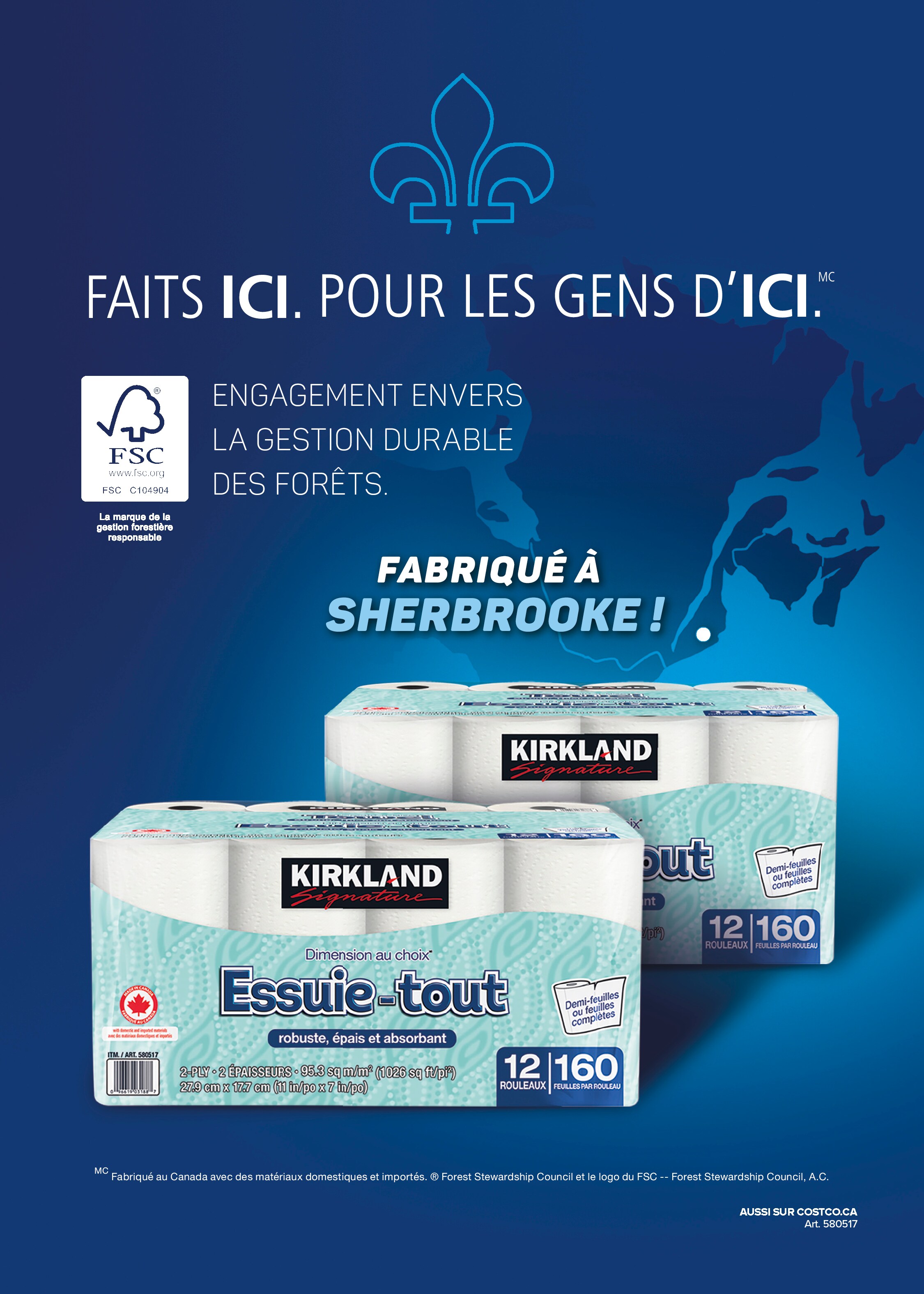 Publicité pour les essuie-tout Kirkland, engagement en gestion durable des forêts, fabriqué à Sherbrooke