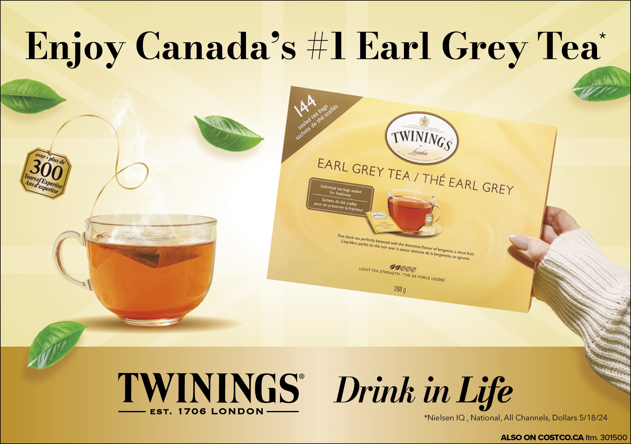 Ad for Twinings Earl Grey tea, featuring a cup of tea and a tea bag package with the text "Enjoy Canada's #1 Earl Grey Tea