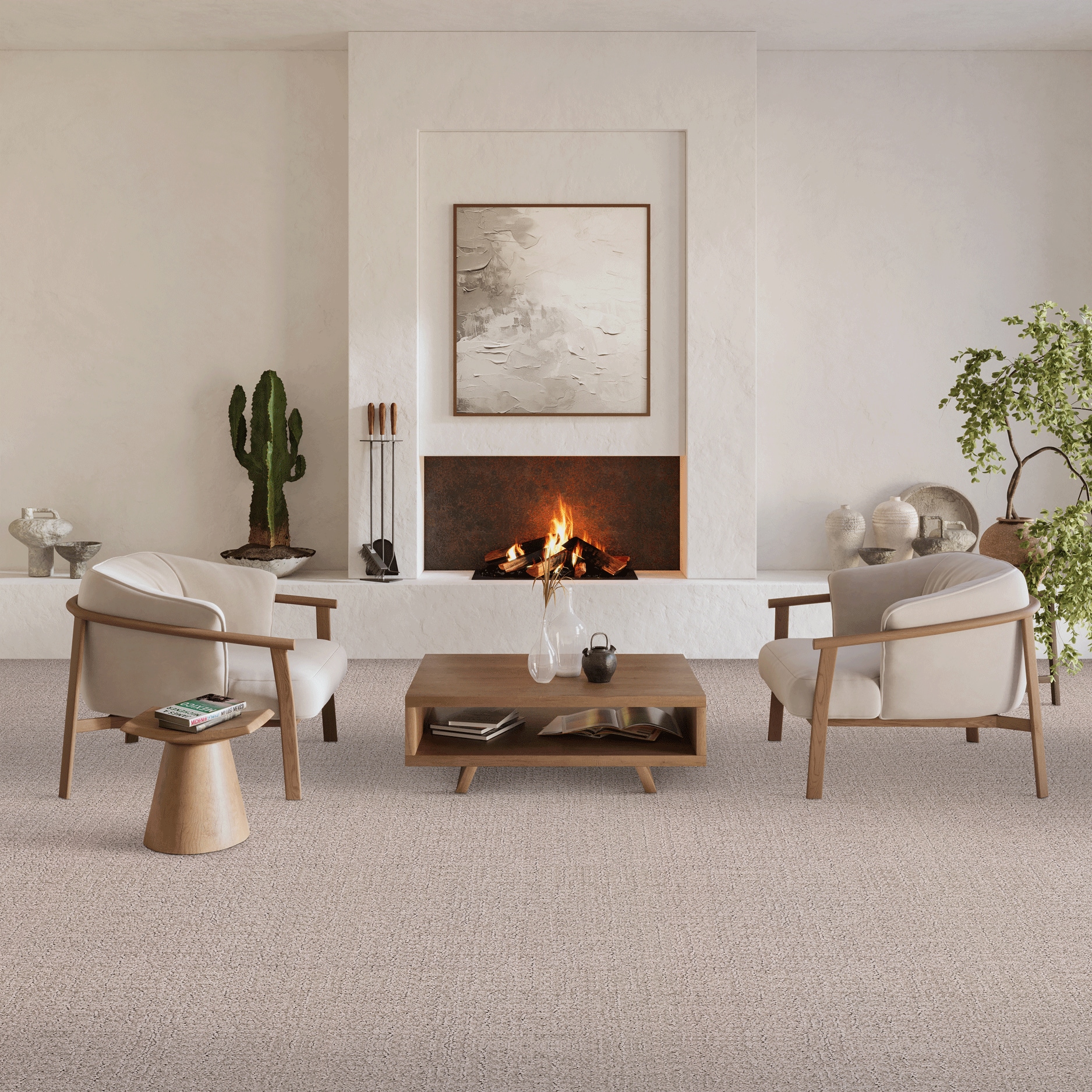 Modern living room with fireplace, two chairs, a sofa, and abstract art on the wall