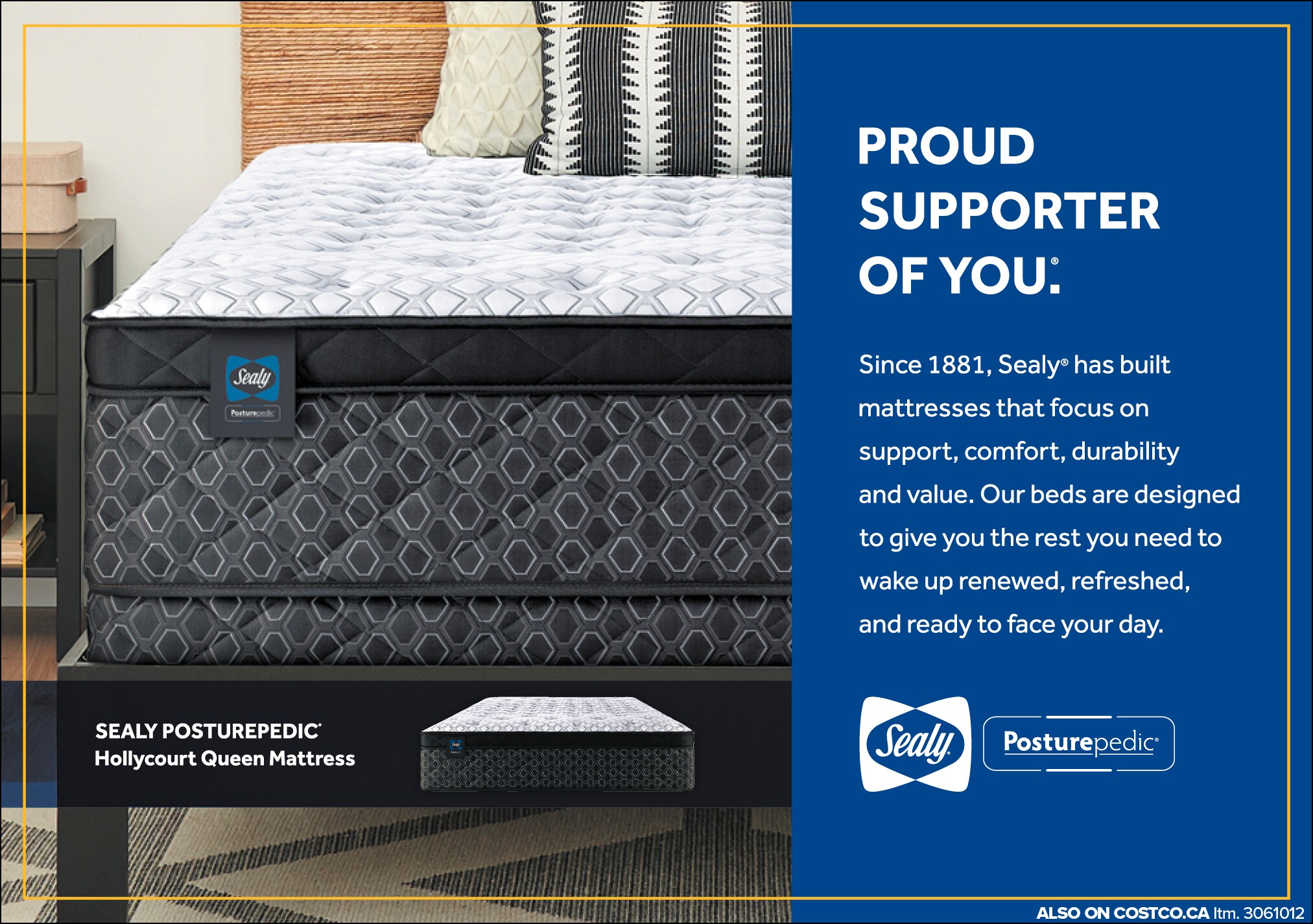 Ad for Sealy Posturepedic Mattress featuring the mattress close-up with brand details and promotional text