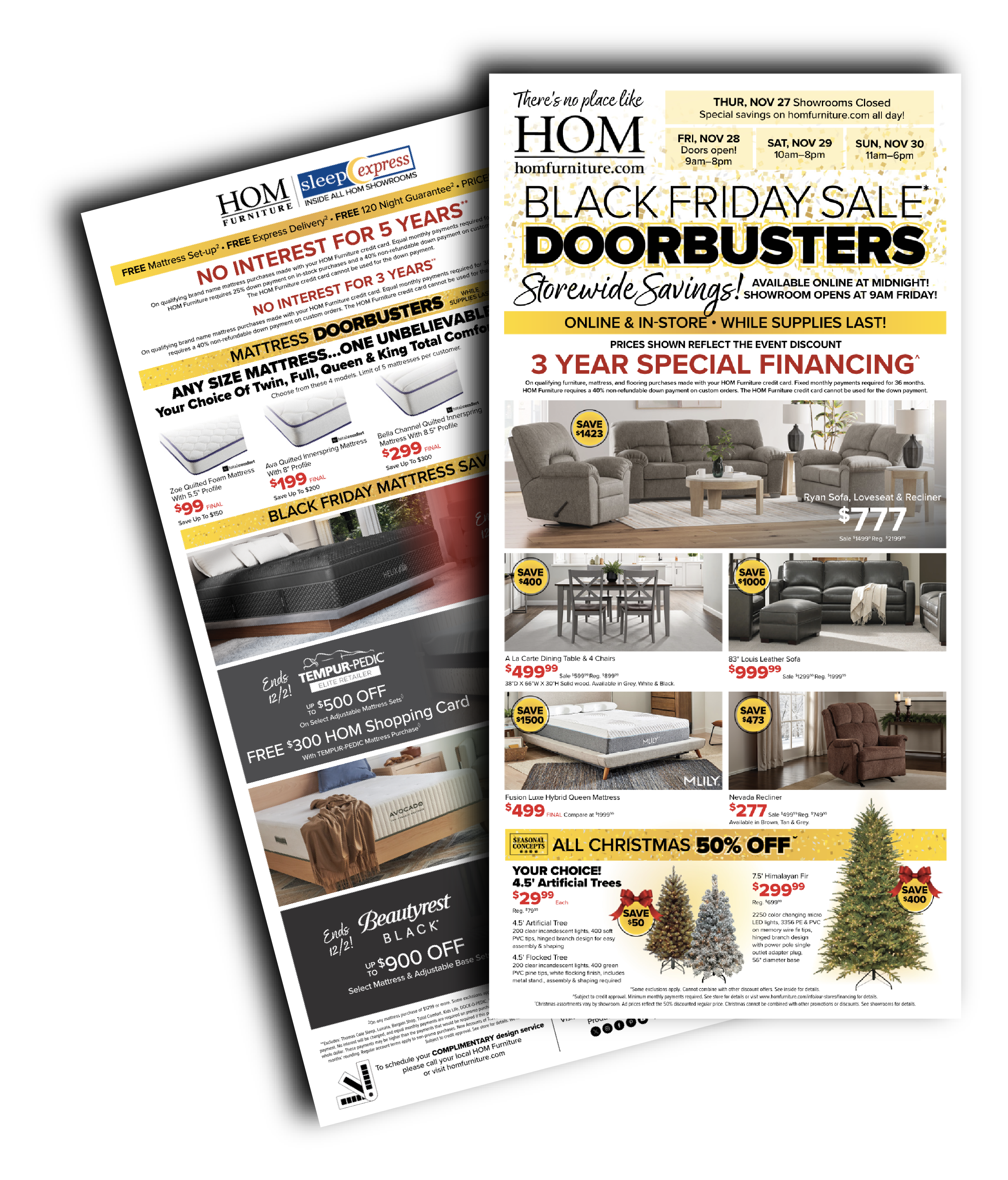 Flyers advertising a Black Friday sale with multiple deals on furniture and home decor