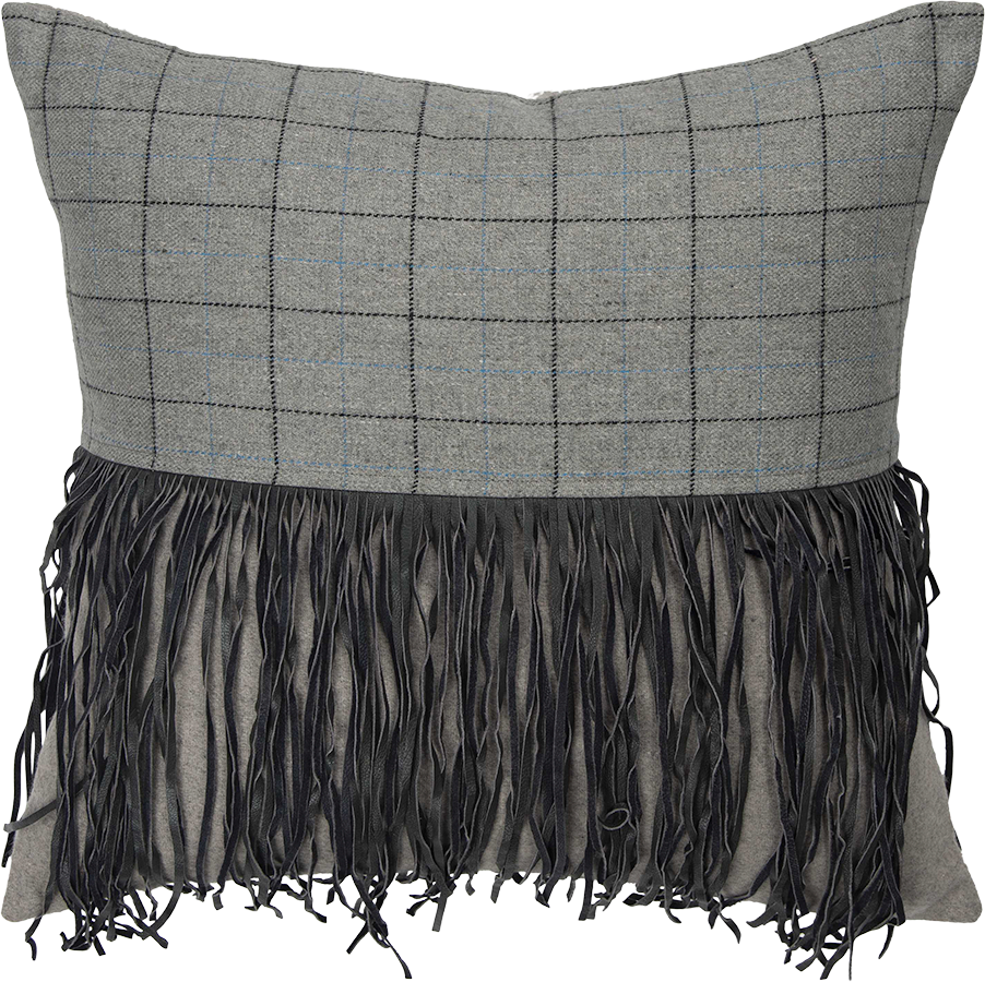 Gray plaid cushion with black fringe detailing