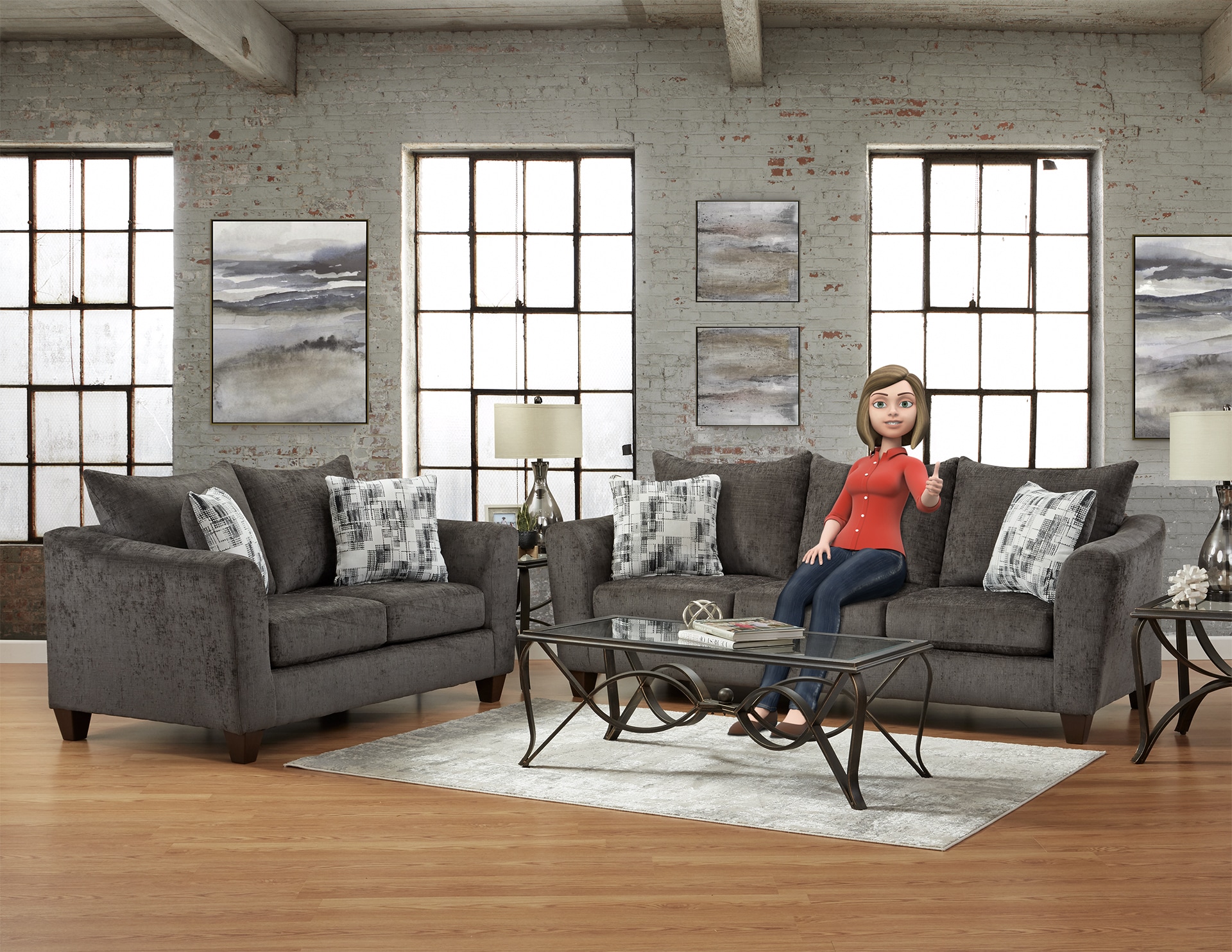 A woman sitting alone on a sofa in a stylish living room with modern decor