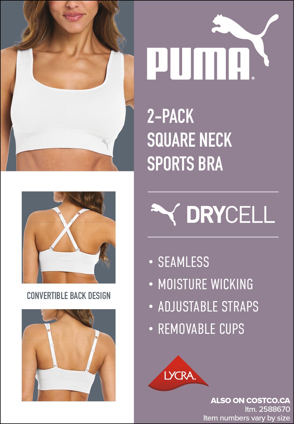 Ad for Puma 2-Pack Square Neck Sports Bra featuring moisture-wicking fabric and convertible back design