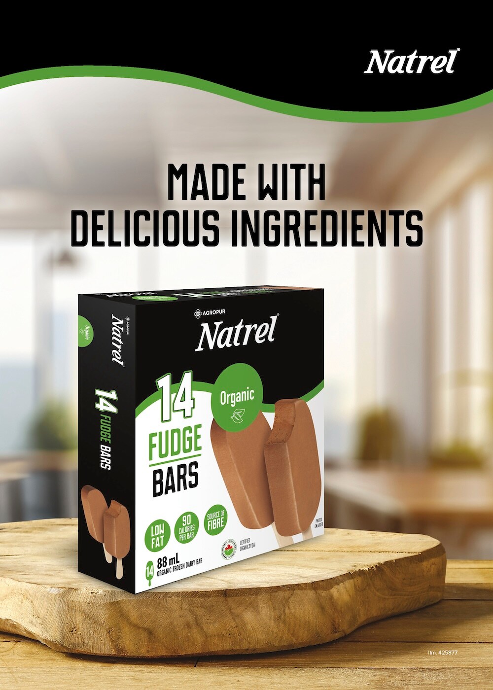 Ad for Natrel Organic Fudge Bars on kitchen counter, with "Made with Delicious Ingredients" tagline