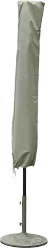 Olive green patio umbrella in a closed position on a white stand