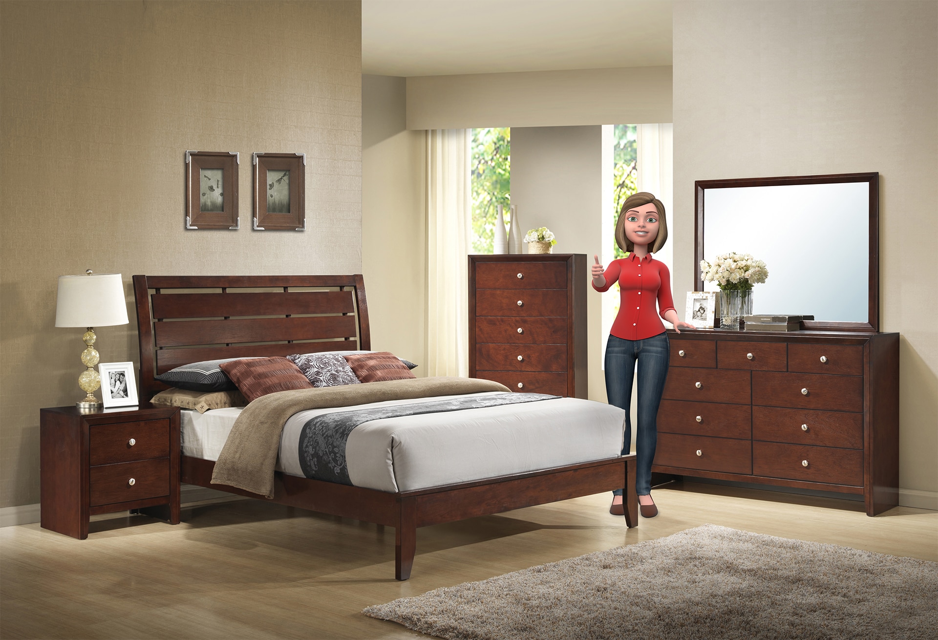 Woman standing in a bedroom with wooden furniture, holding a coffee mug