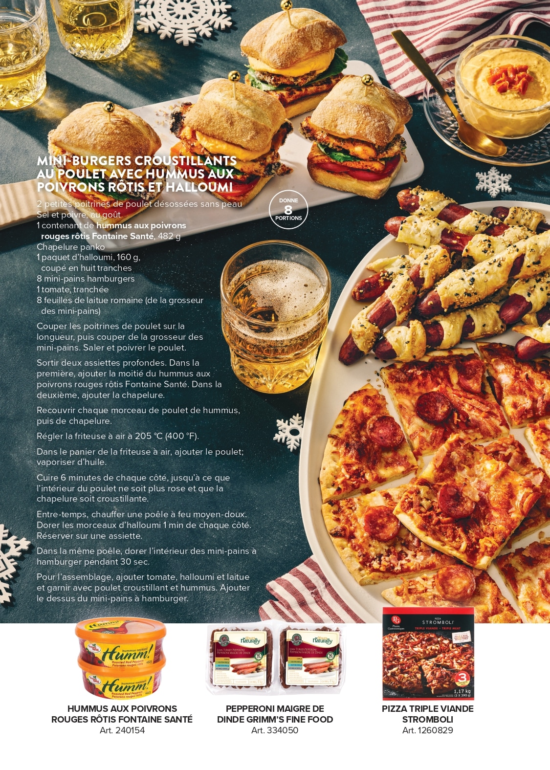 Mini-burgers croustillants au poulet avec hummus aux poivrons rôtis et halloumi