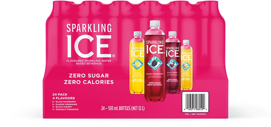 Publicité pour un pack de Sparkling Ice, boissons gazeuses sans sucre et sans calories