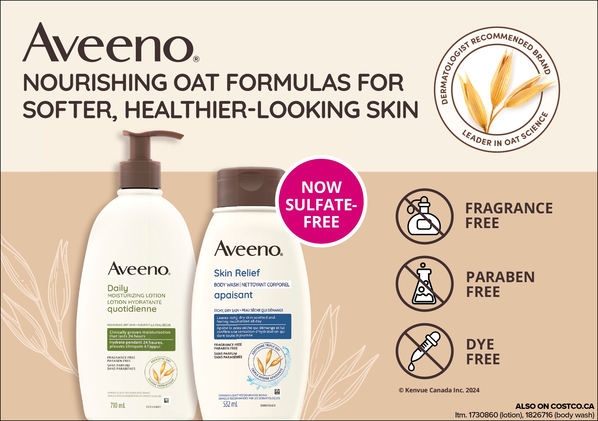 Ad for Aveeno skin care products highlighting sulfate, fragrance, and paraben-free oat formulas
