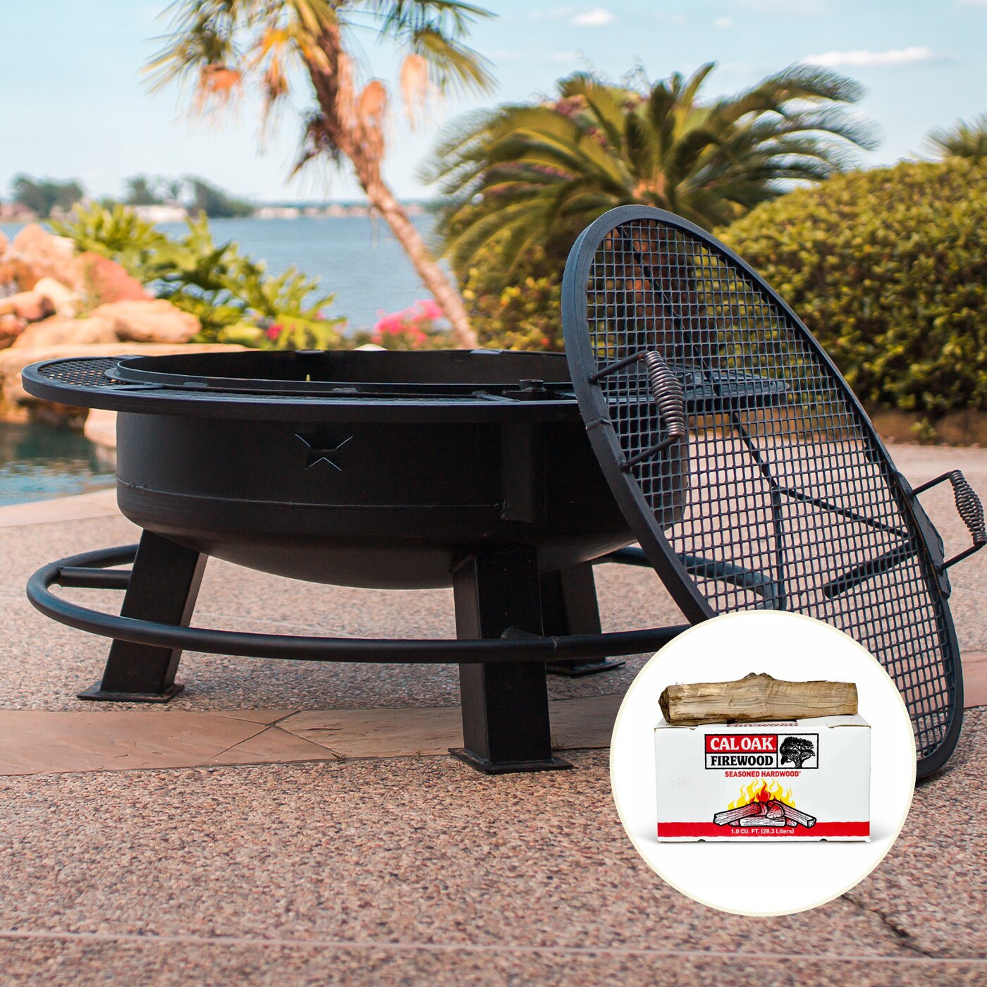 Fire pit and mesh cover overlooking a beach scene with a "Kingsford" lighter fluid in the foreground