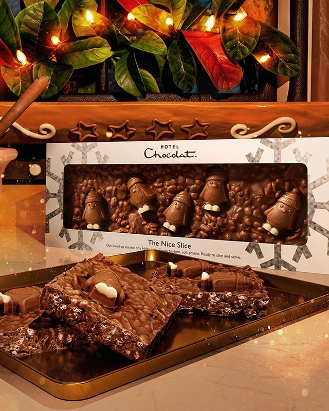 Box of chocolate hedgehogs and chocolate bark on a tray, with festive lights in background