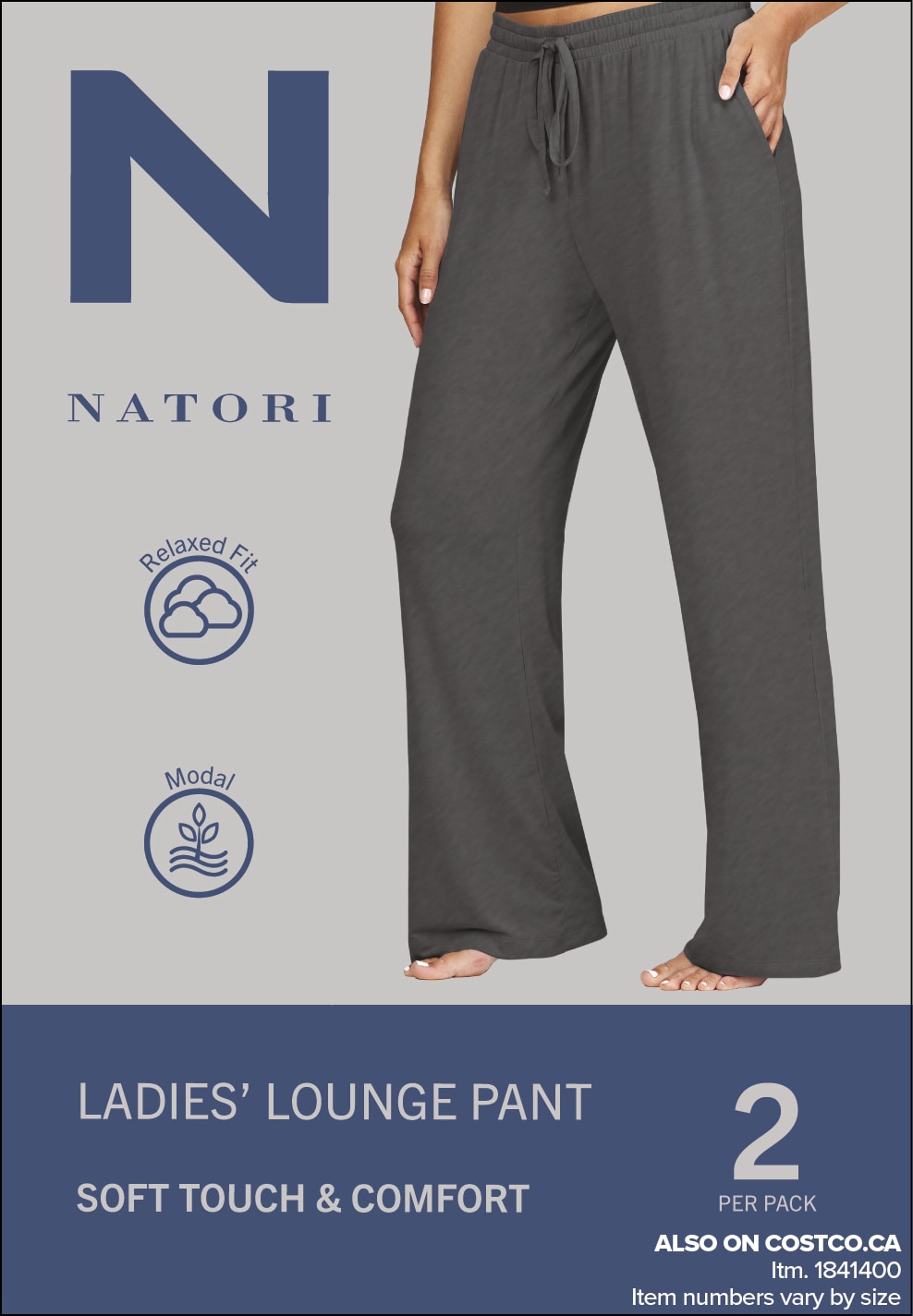 Ad for Natori ladies' lounge pants, emphasizing soft touch and comfort, available in 2-pack at Costco