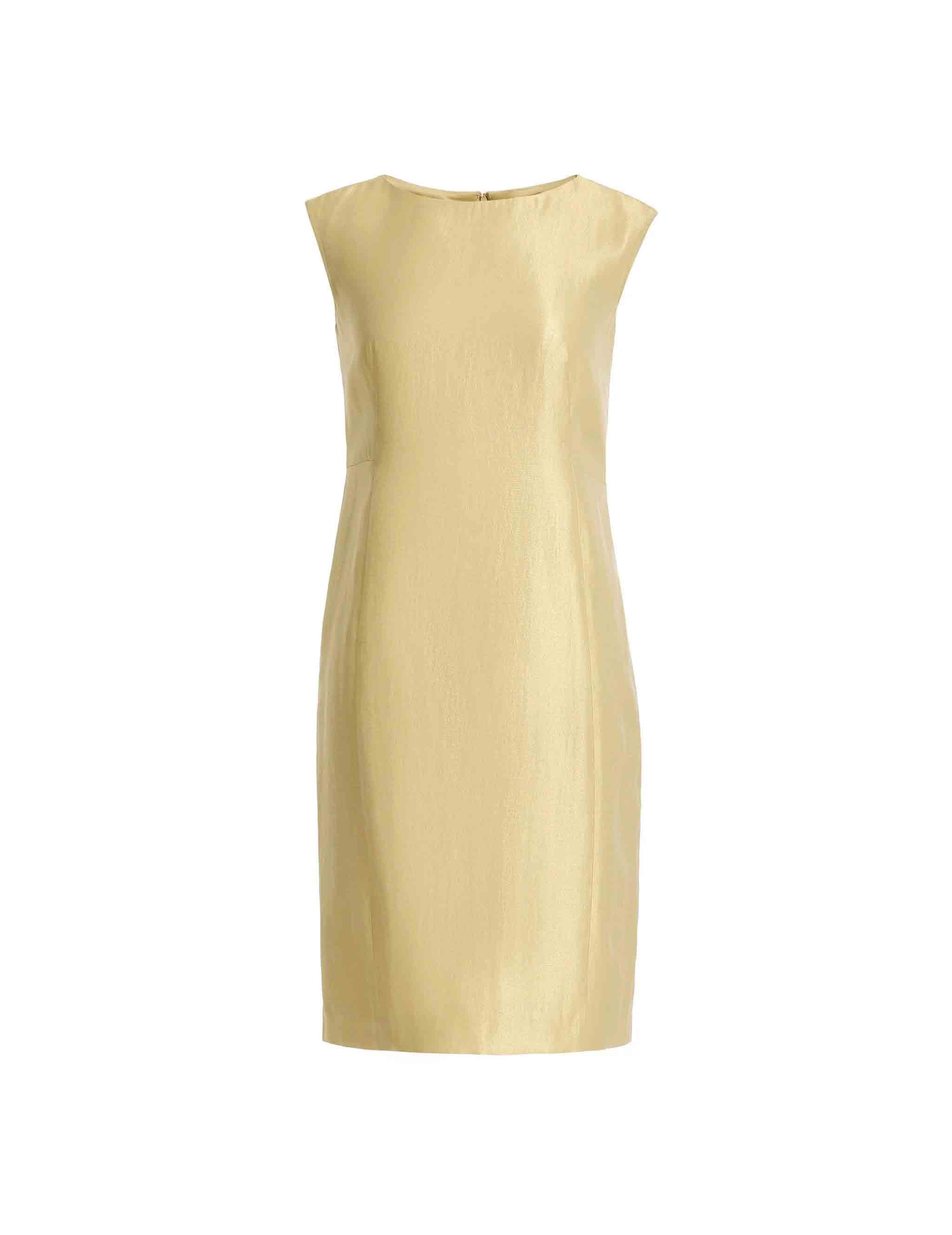 Sleeveless champagne-colored sheath dress on white background