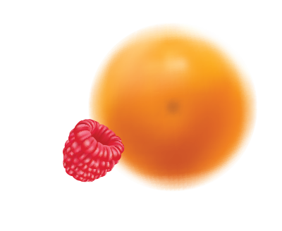 A ripe orange with a raspberry stuck to its side