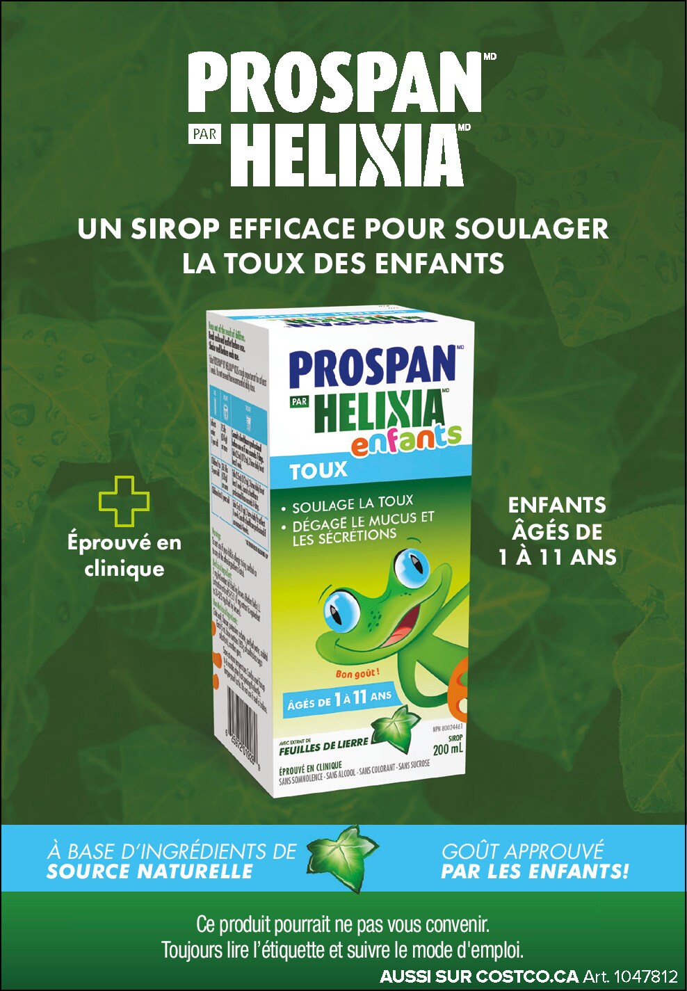 Ad for Prospan Helixia children's cough syrup, featuring package design and benefits, on a green background