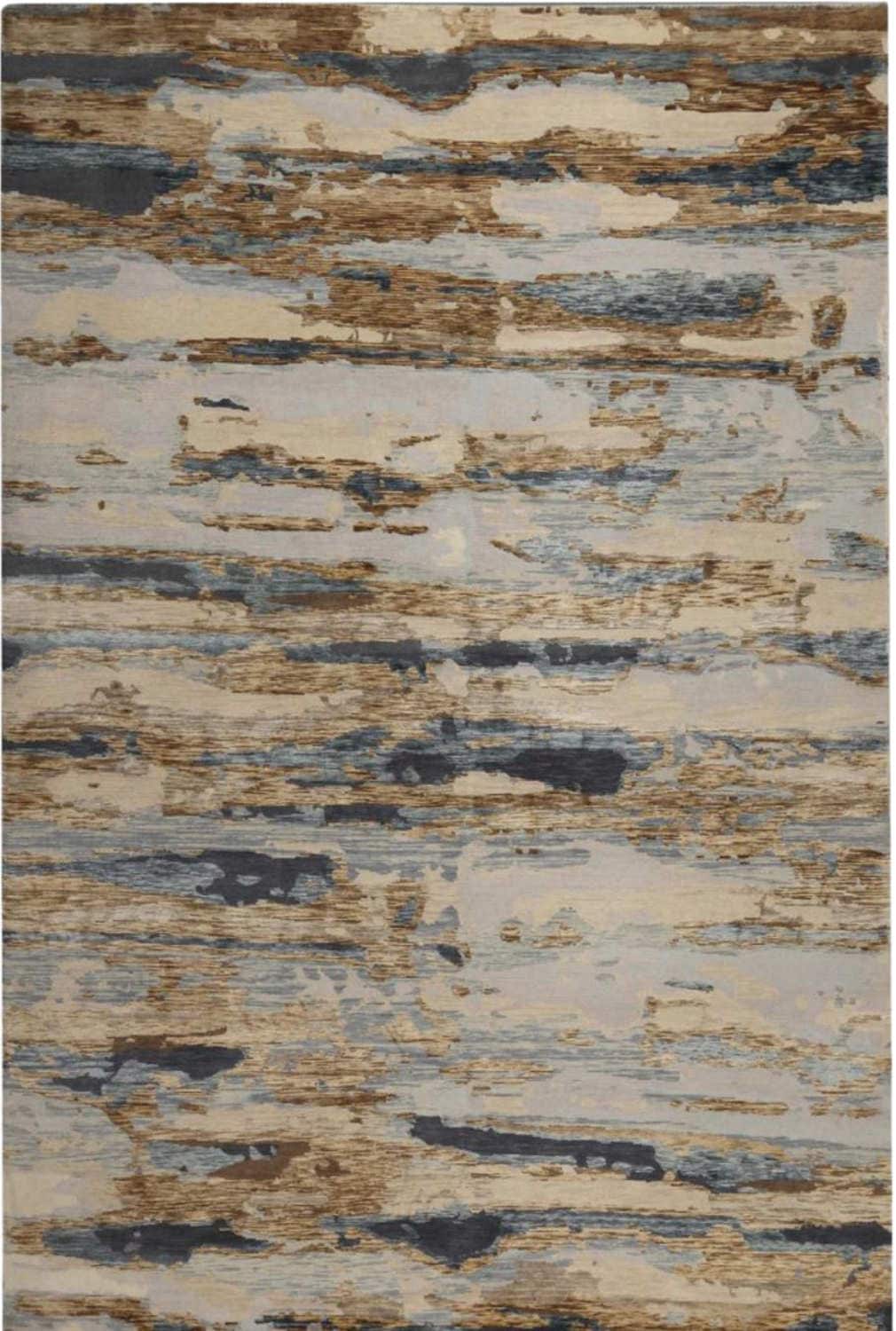 Abstract patterned rug with horizontal stripes in shades of blue, beige, and brown
