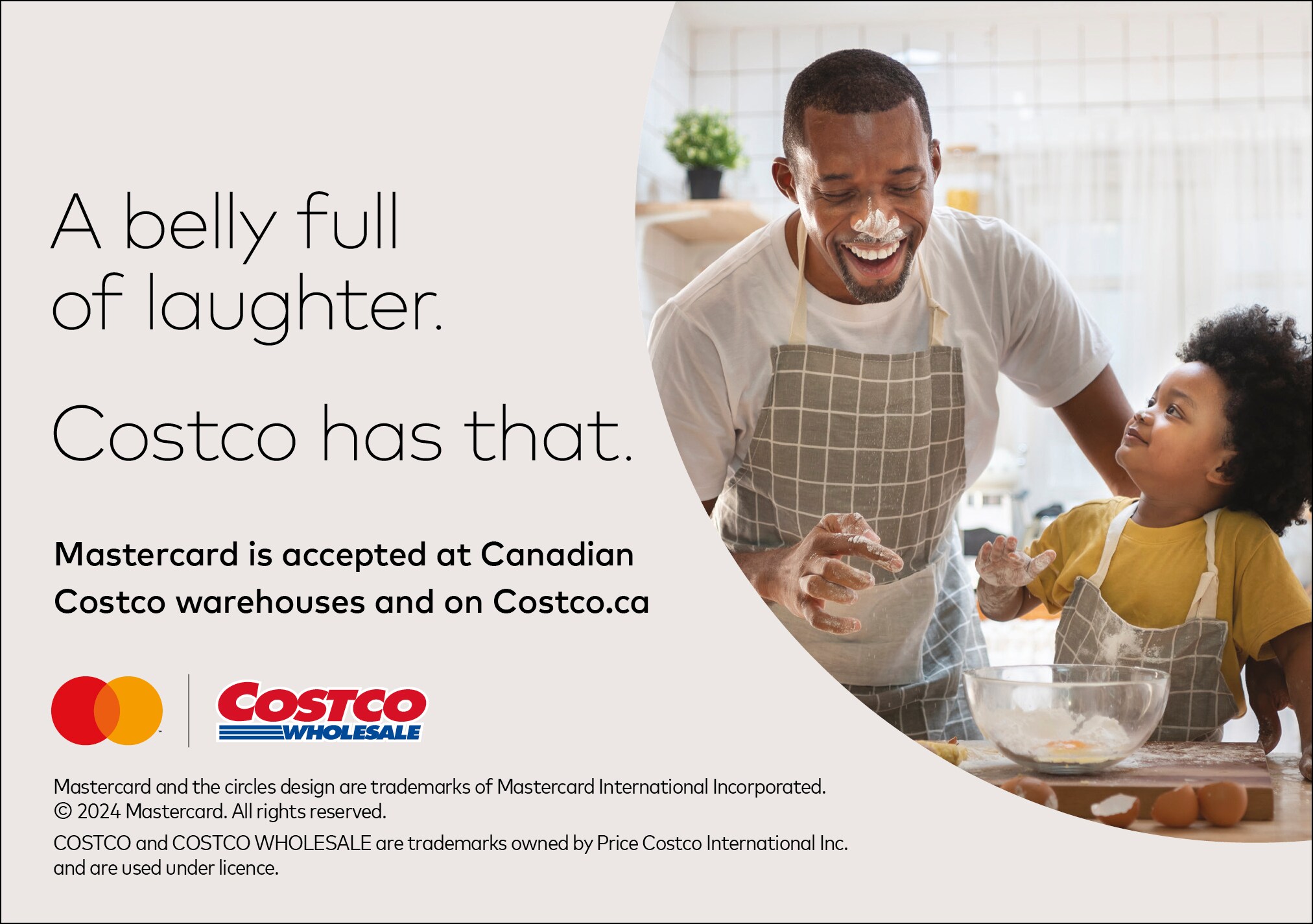 Ad for Costco: Man and child laughing together in kitchen with text promoting Mastercard at Costco