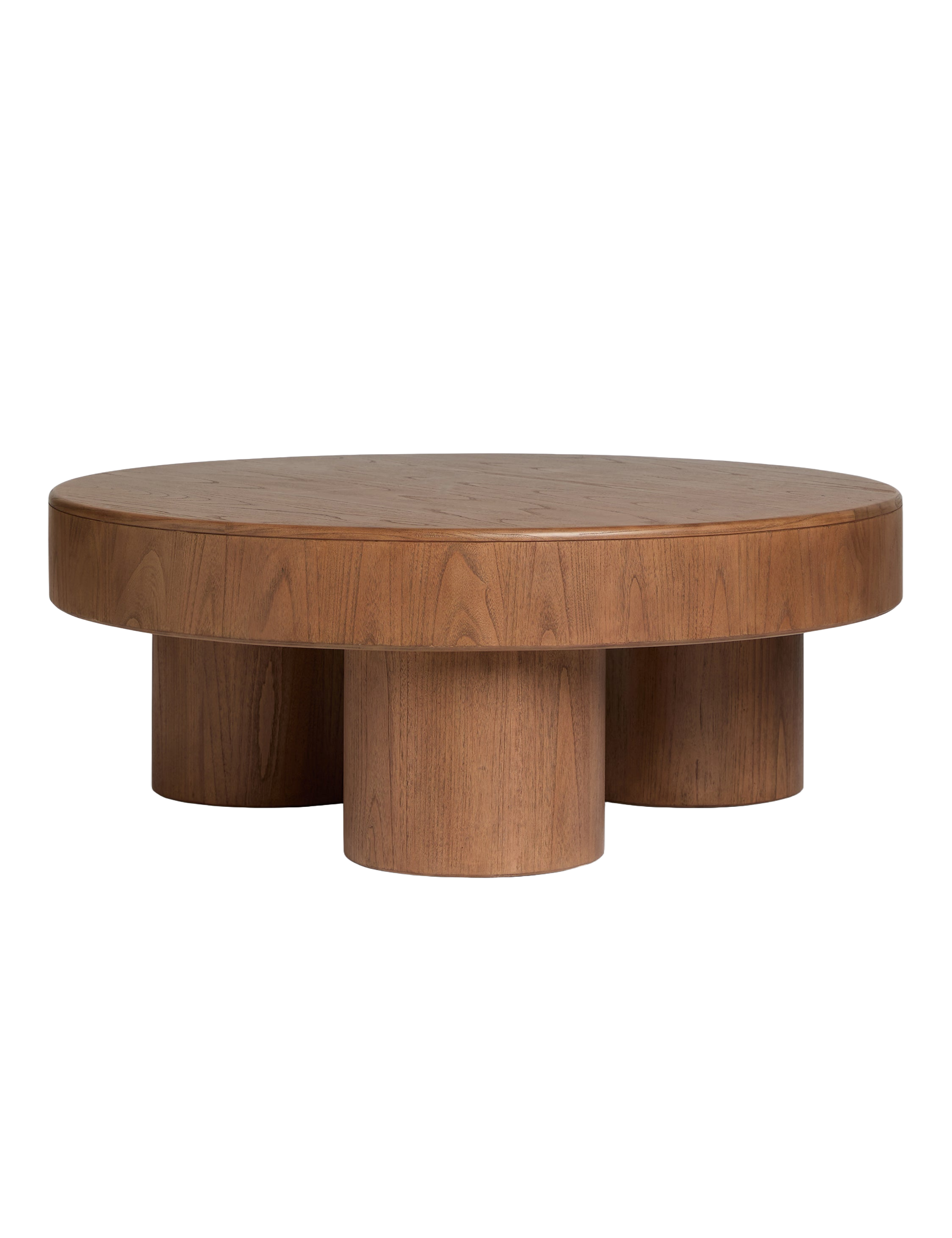 Round wooden coffee table with cylindrical base on a white background