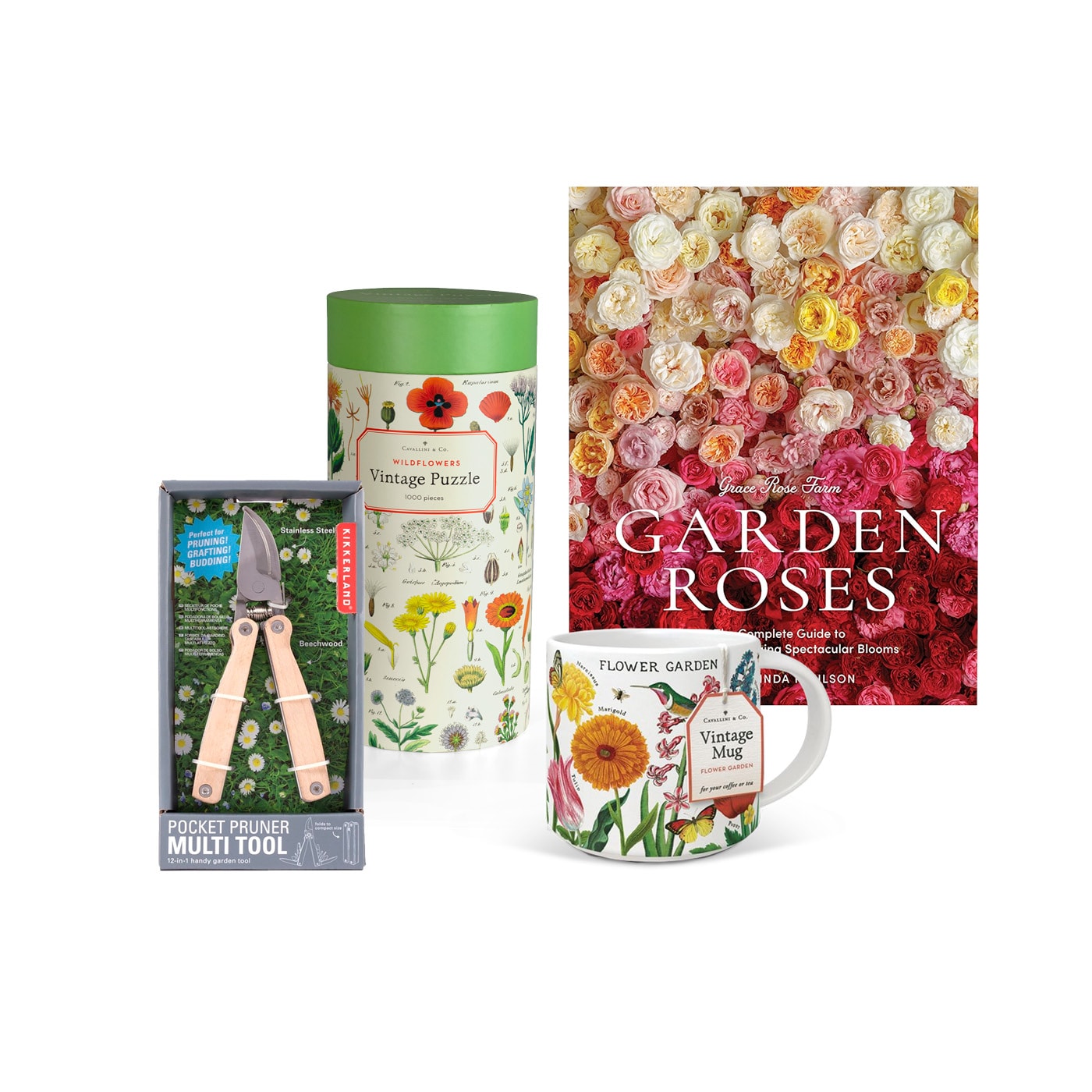 Assorted gardening gifts including books, seed packets, and floral-decorated containers