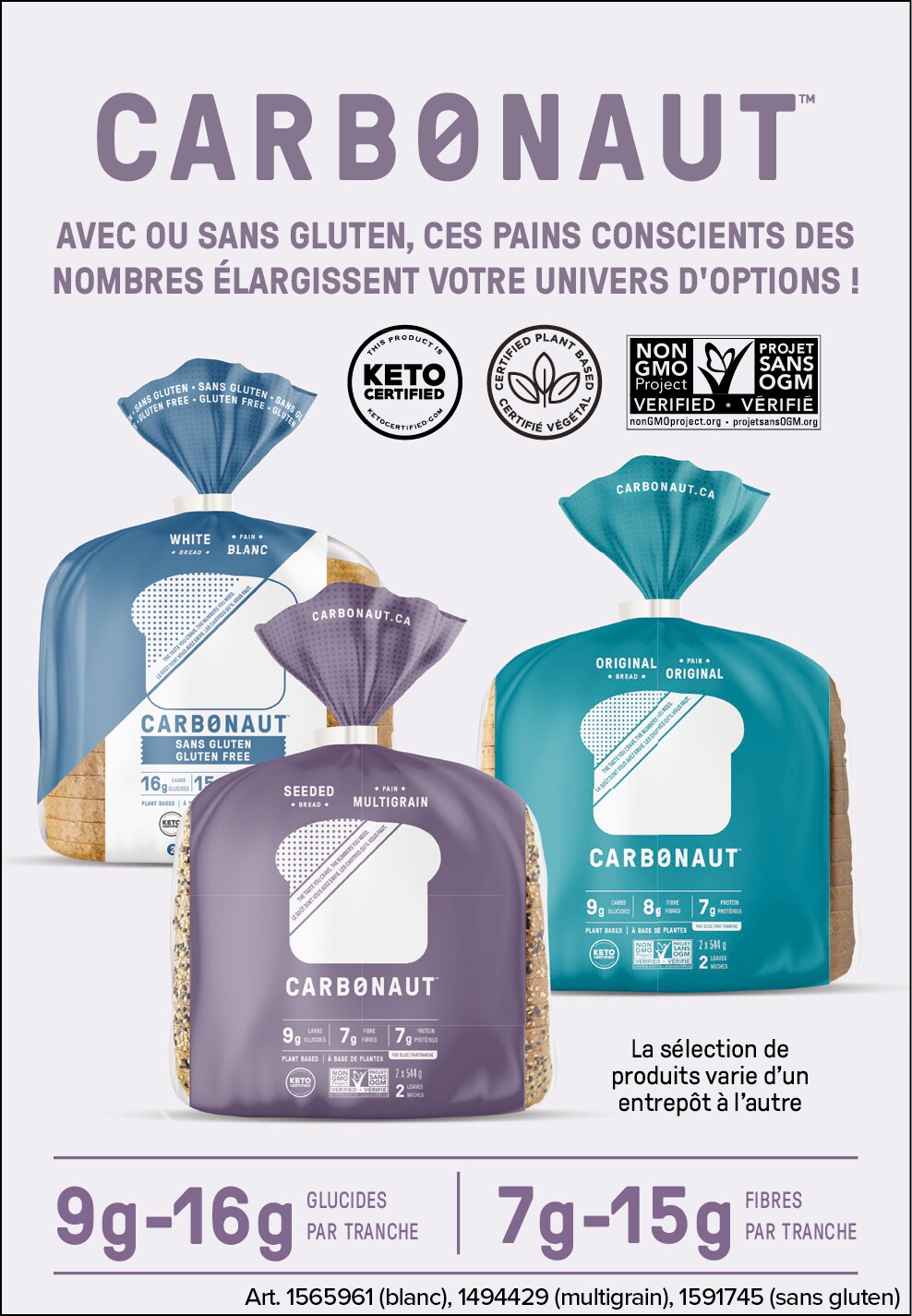 Publicité pour les pains Carbonaut sans gluten, options faibles en glucides, disponible en plusieurs variétés