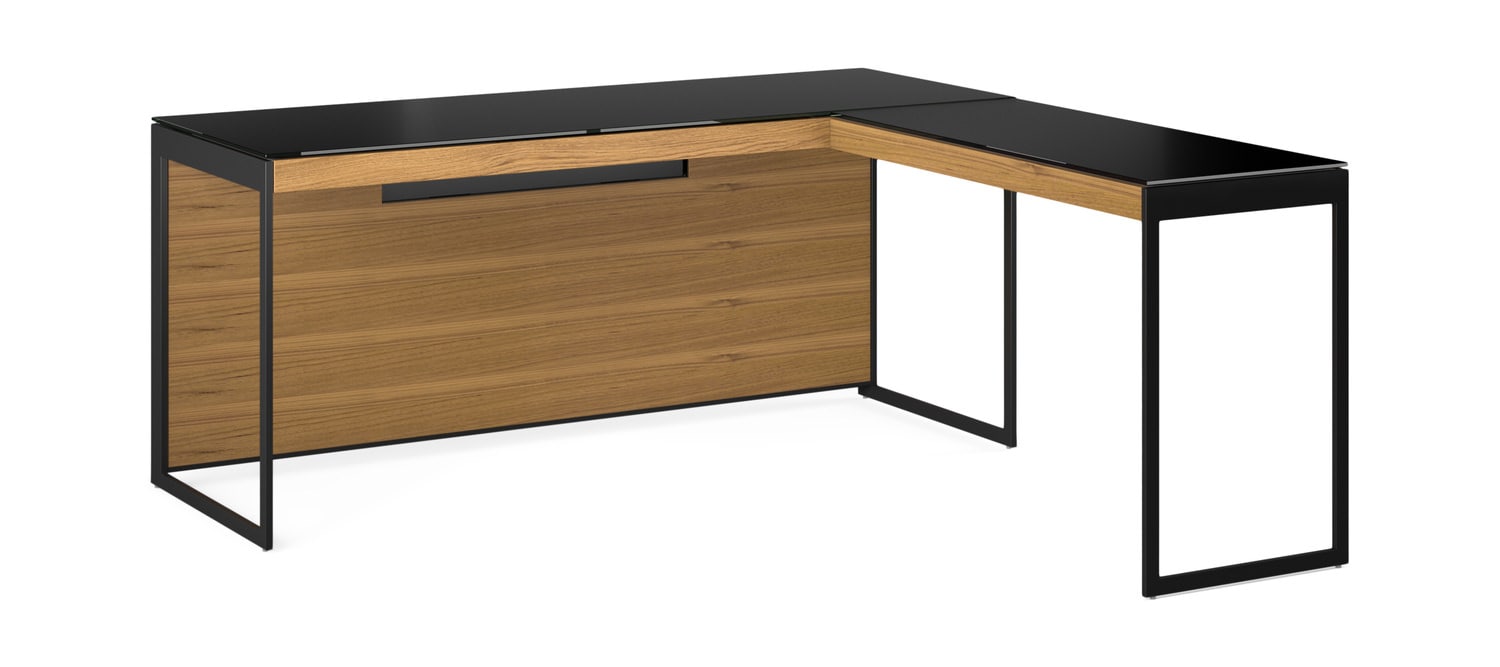Modern L-shaped desk with black metal frame and wooden top