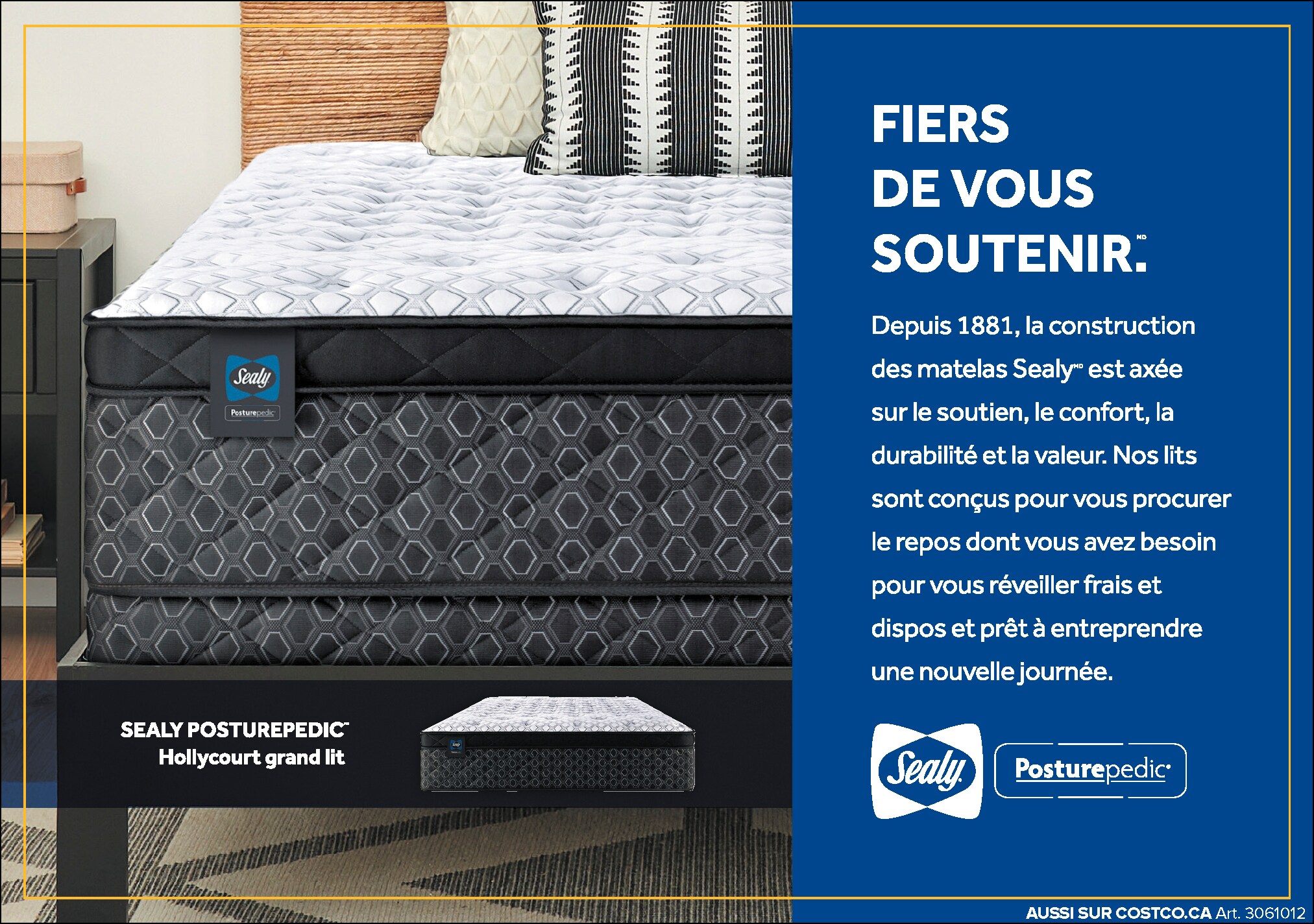 Publicité pour un matelas Sealy, montrant un matelas confortable dans un cadre de chambre avec texte