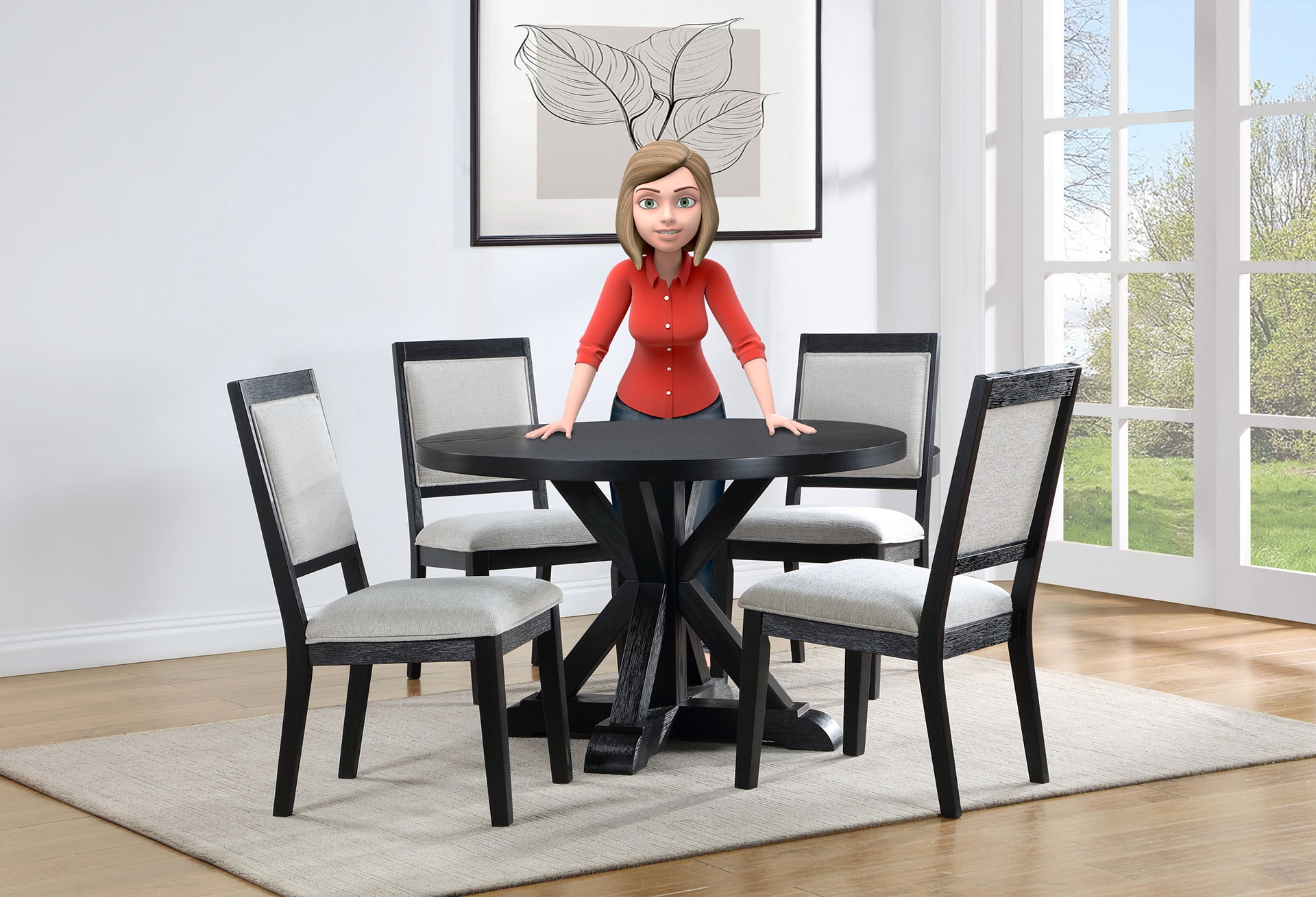 Woman sitting at a modern dining table with four chairs in a bright room