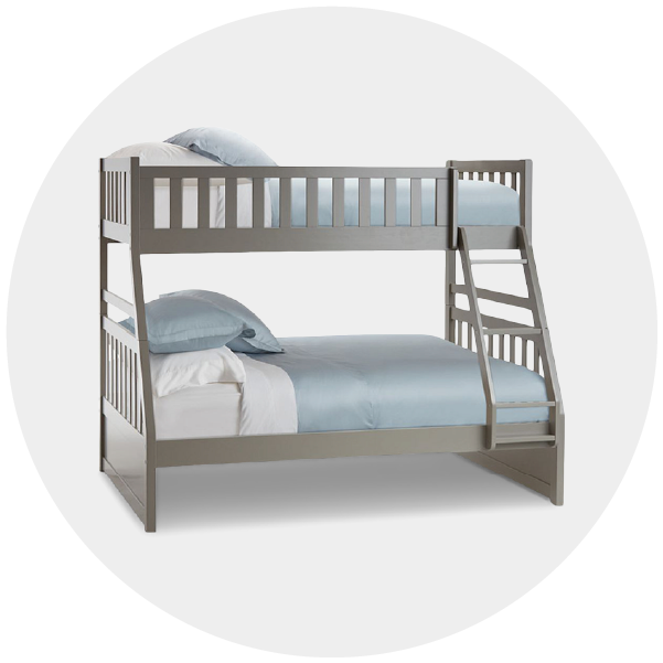 Gray wooden bunk bed with ladder and blue bedding on a white background