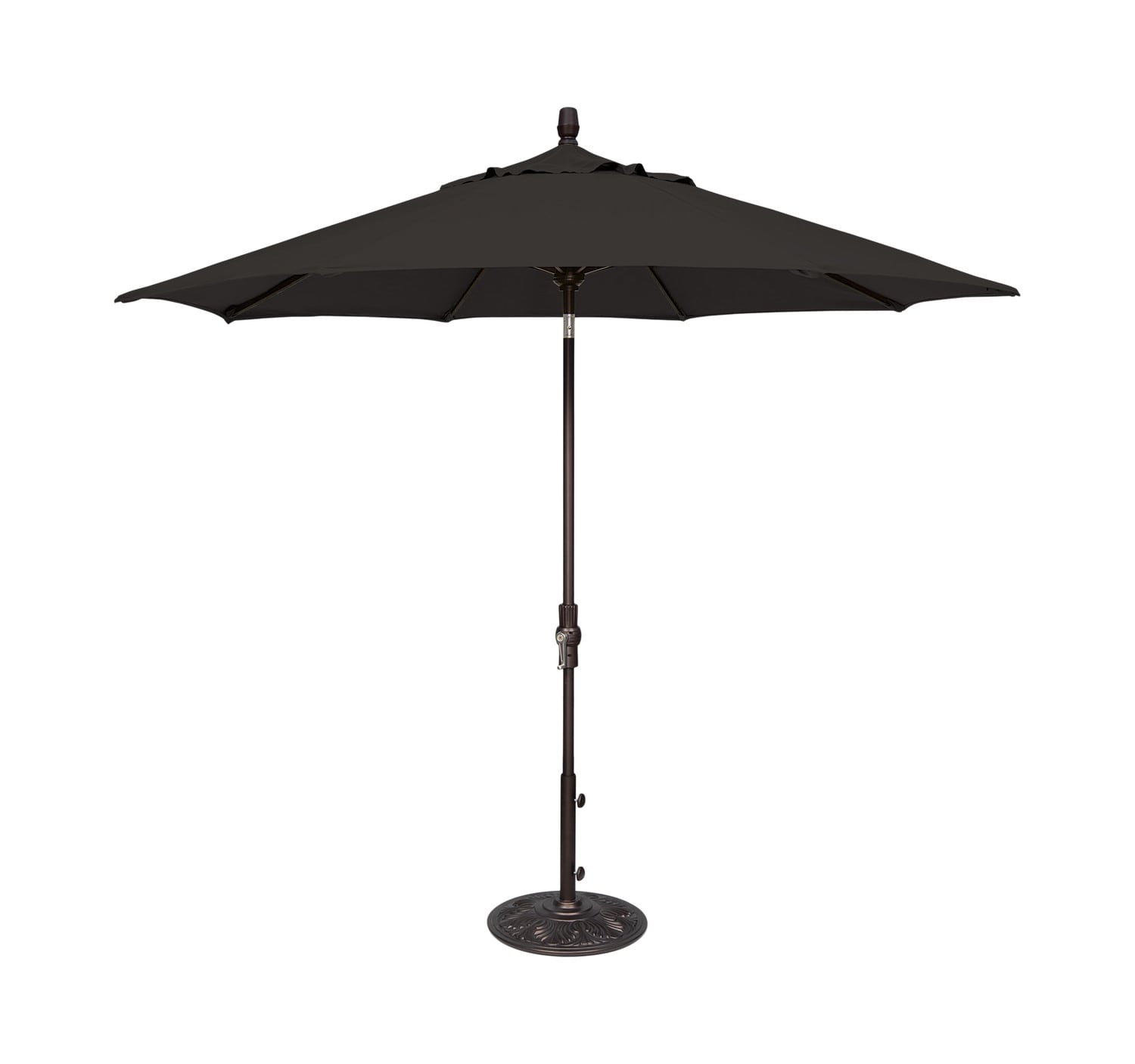 Black patio umbrella with a central pole and round base, isolated on a white background
