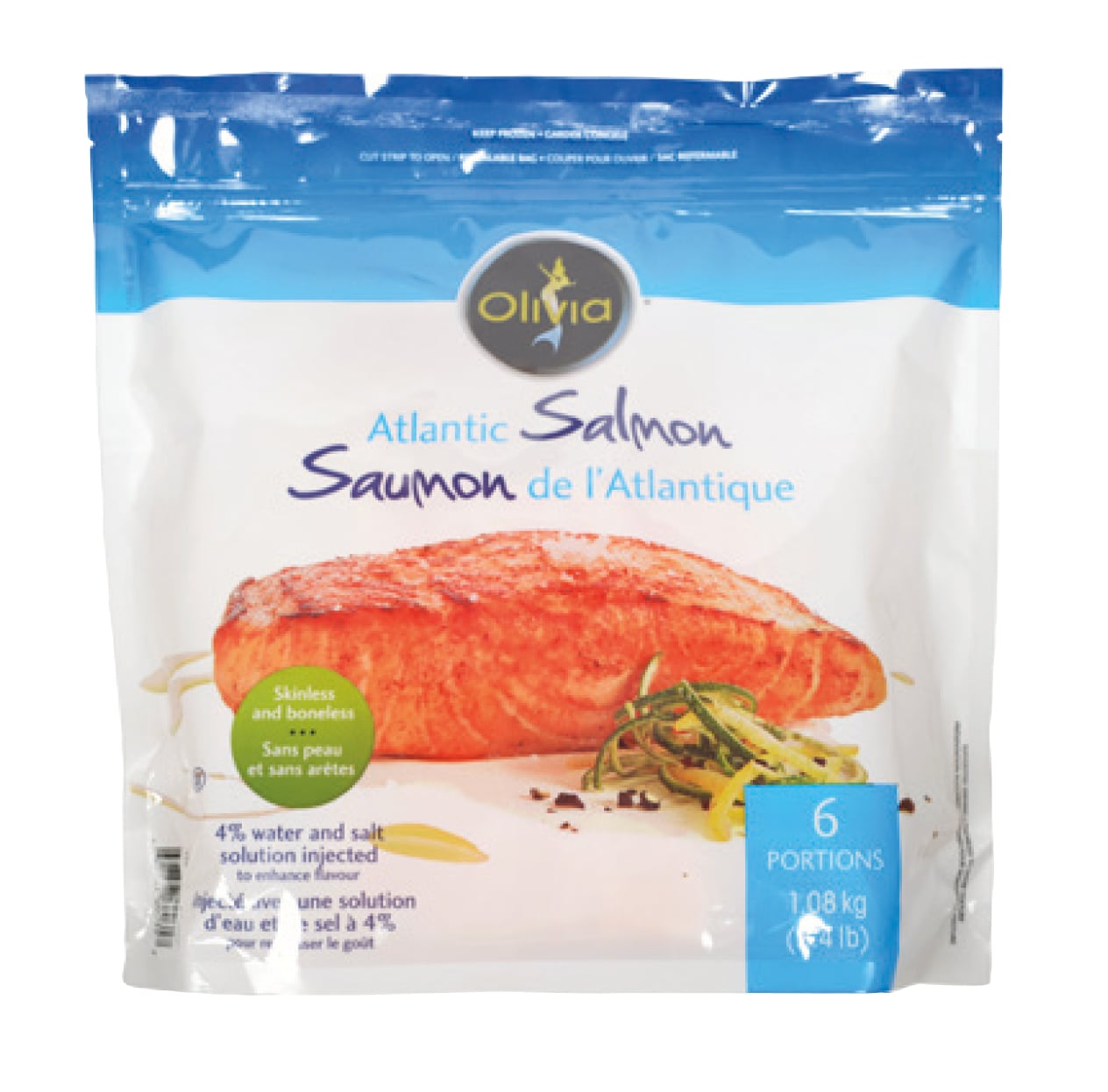 Emballage de saumon de l'Atlantique Olivia, 6 portions, publicité pour produit alimentaire