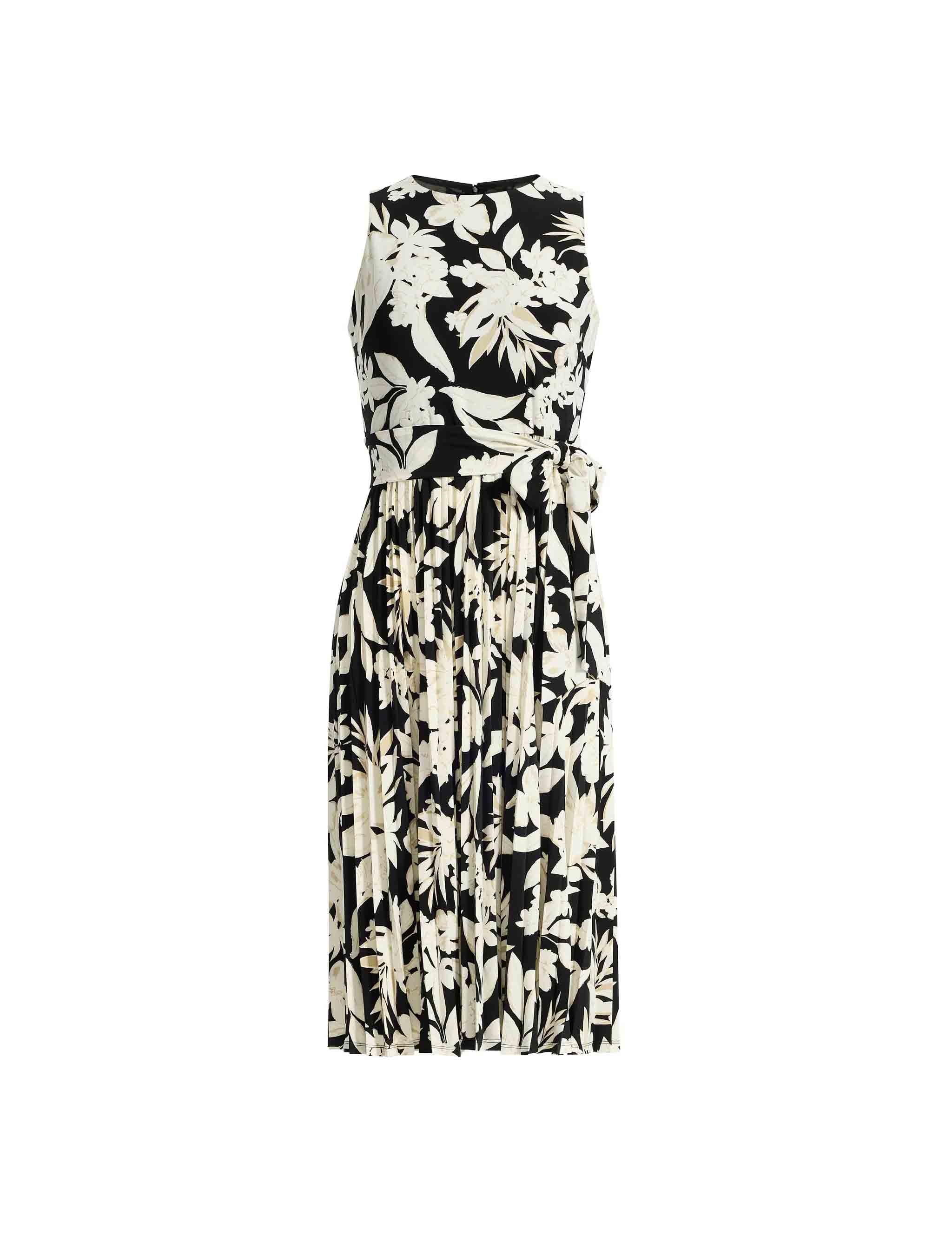 Sleeveless black and white floral print dress with a cinched waist