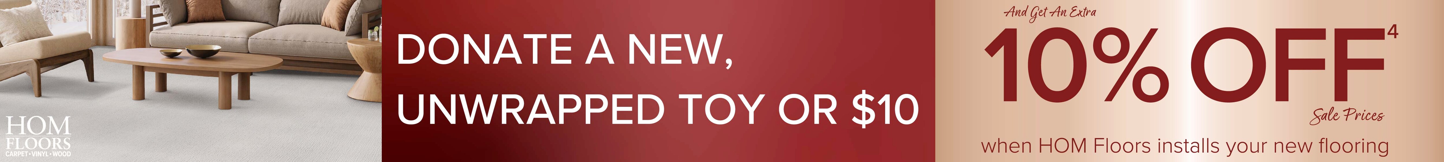Banner with text 'Donate a new, unwrapped toy or $30' next to '10% off' offer