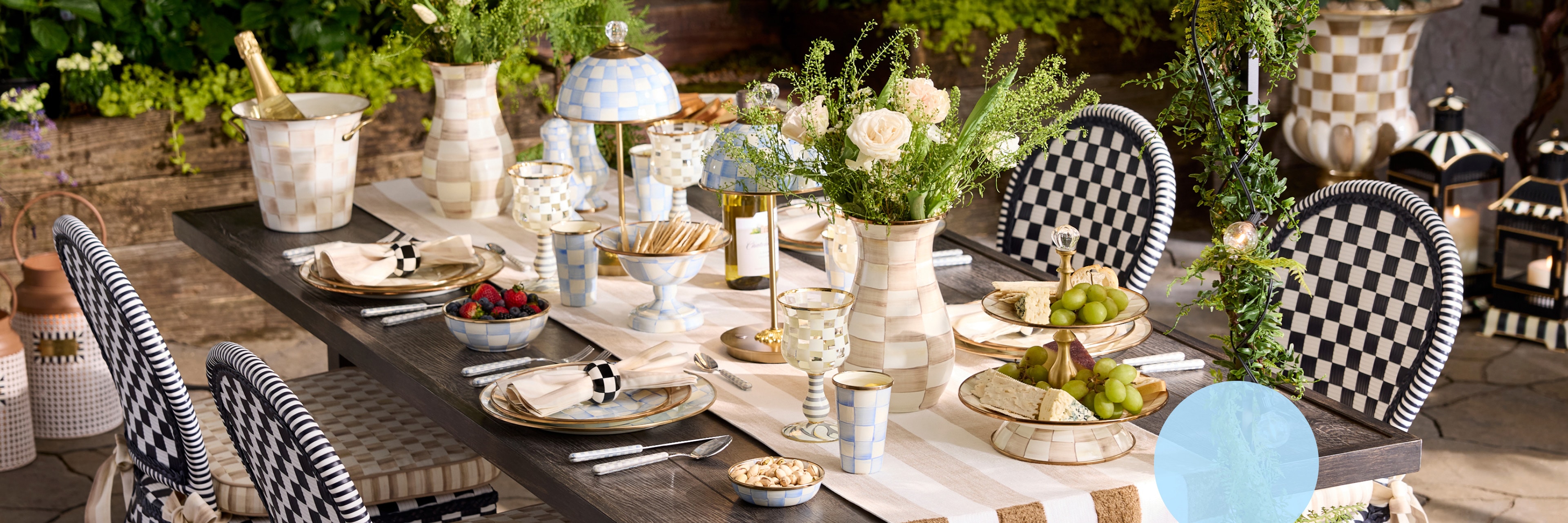 plenty of summer ready essentials - image features a beautiful outdoor tablescape with mocha check and sky check