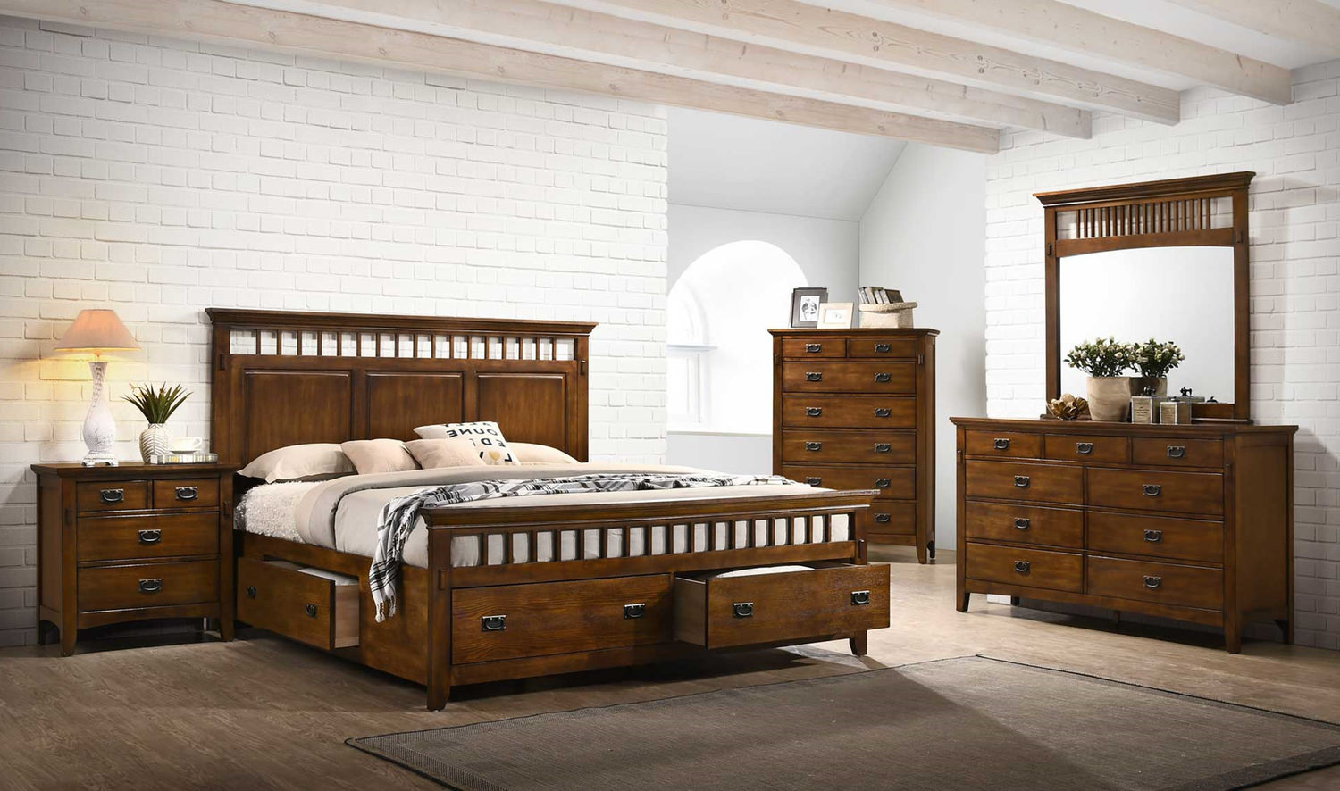 Elegant bedroom set featuring a wood bed frame, matching dresser, and nightstand in a bright, white-brick room