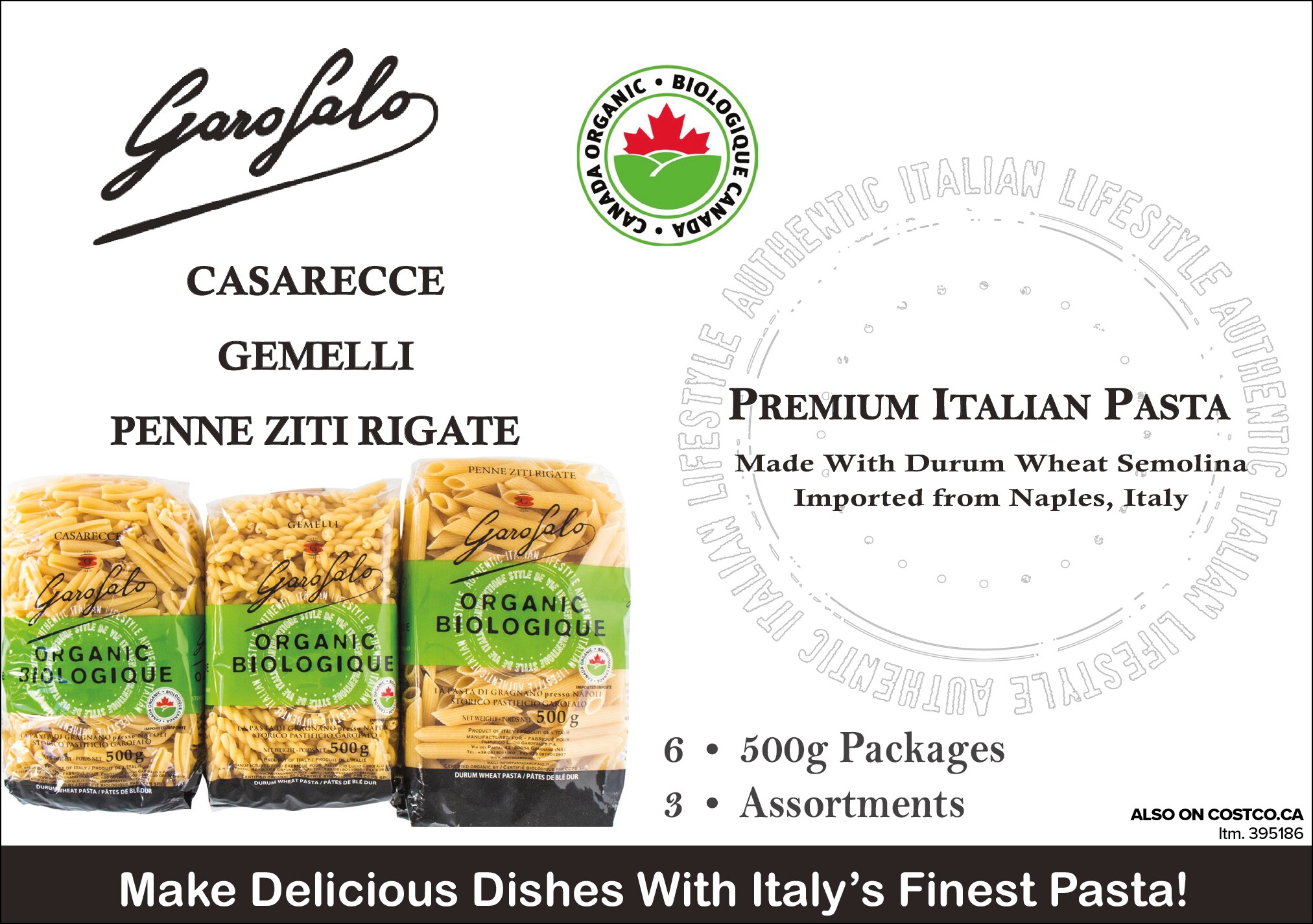 Ad for Garofalo pasta featuring Casarecce, Gemelli, and Penne Ziti Rigate in 500g bags, imported from Italy