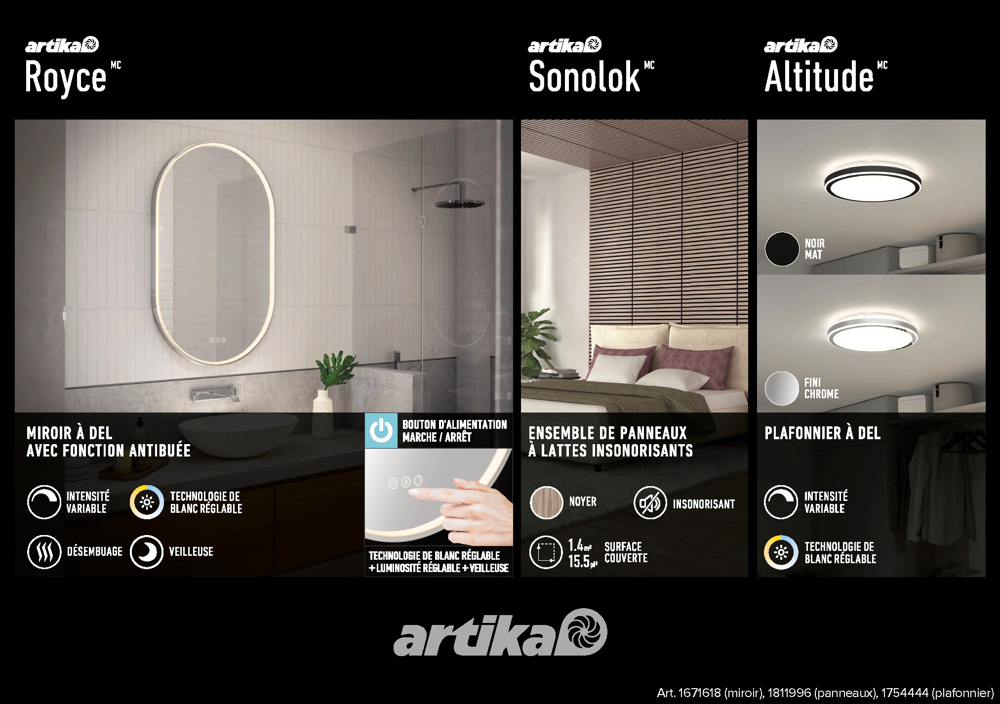 Publicité pour luminaires Artika exposant trois modèles, incluant spécifications, dans des intérieurs modernes