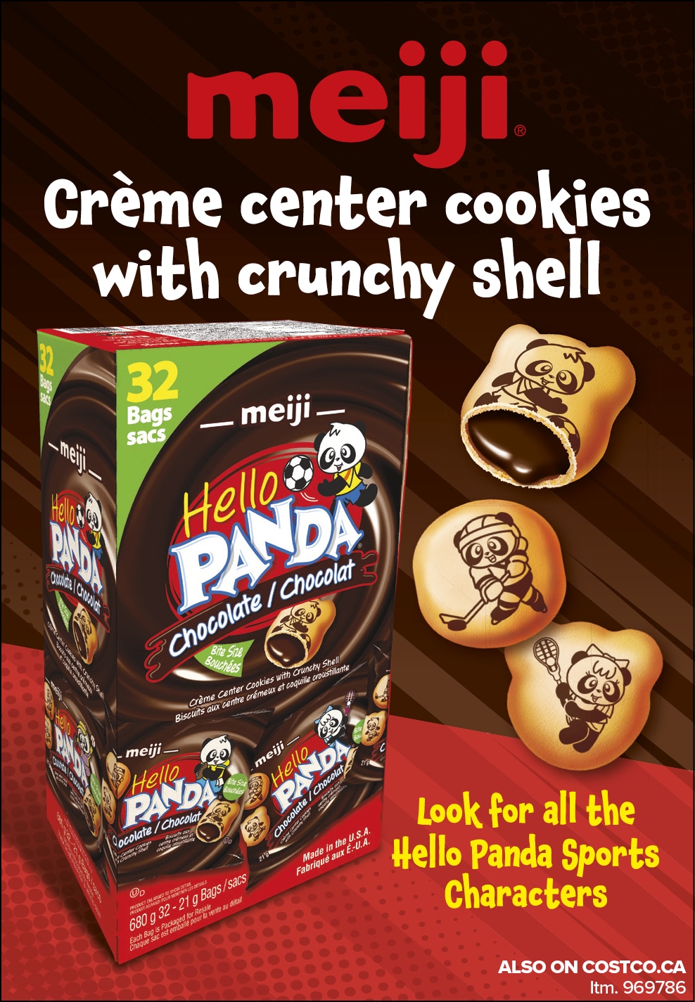 Ad for Meiji Hello Panda cookies, featuring a box and individual packs with chocolate-filled biscuits