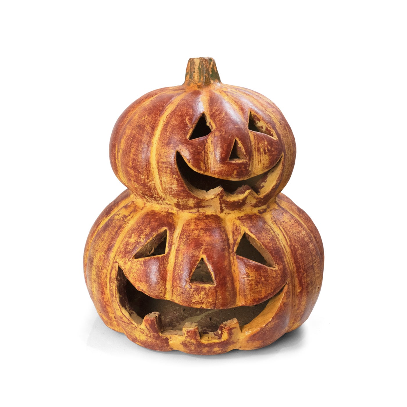 Stacked carved jack-o'-lanterns with smiling faces on a white background